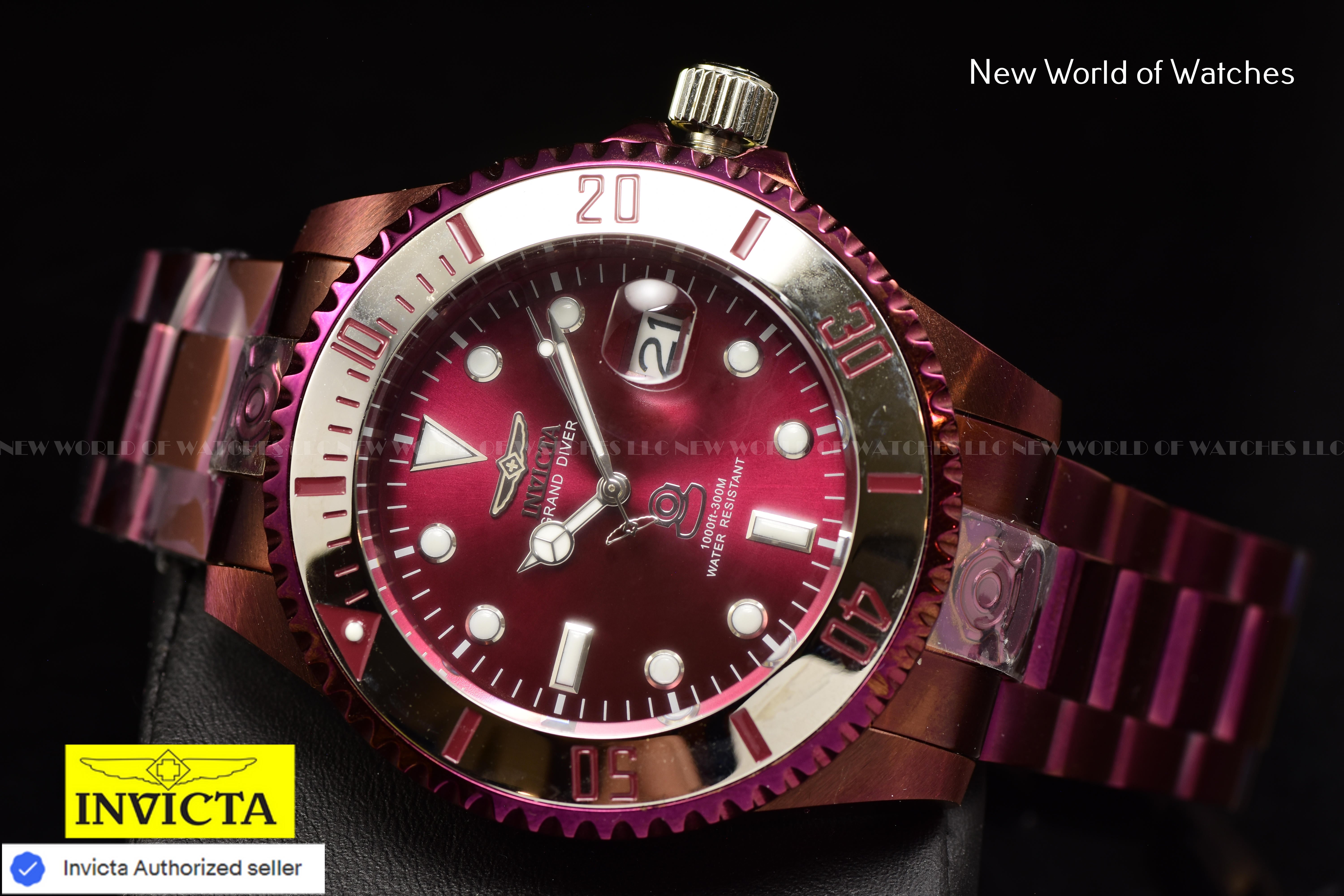 Invicta Men Pro Diver 47mm Burgundy Automatic Malaysia Stainless Steel Watch