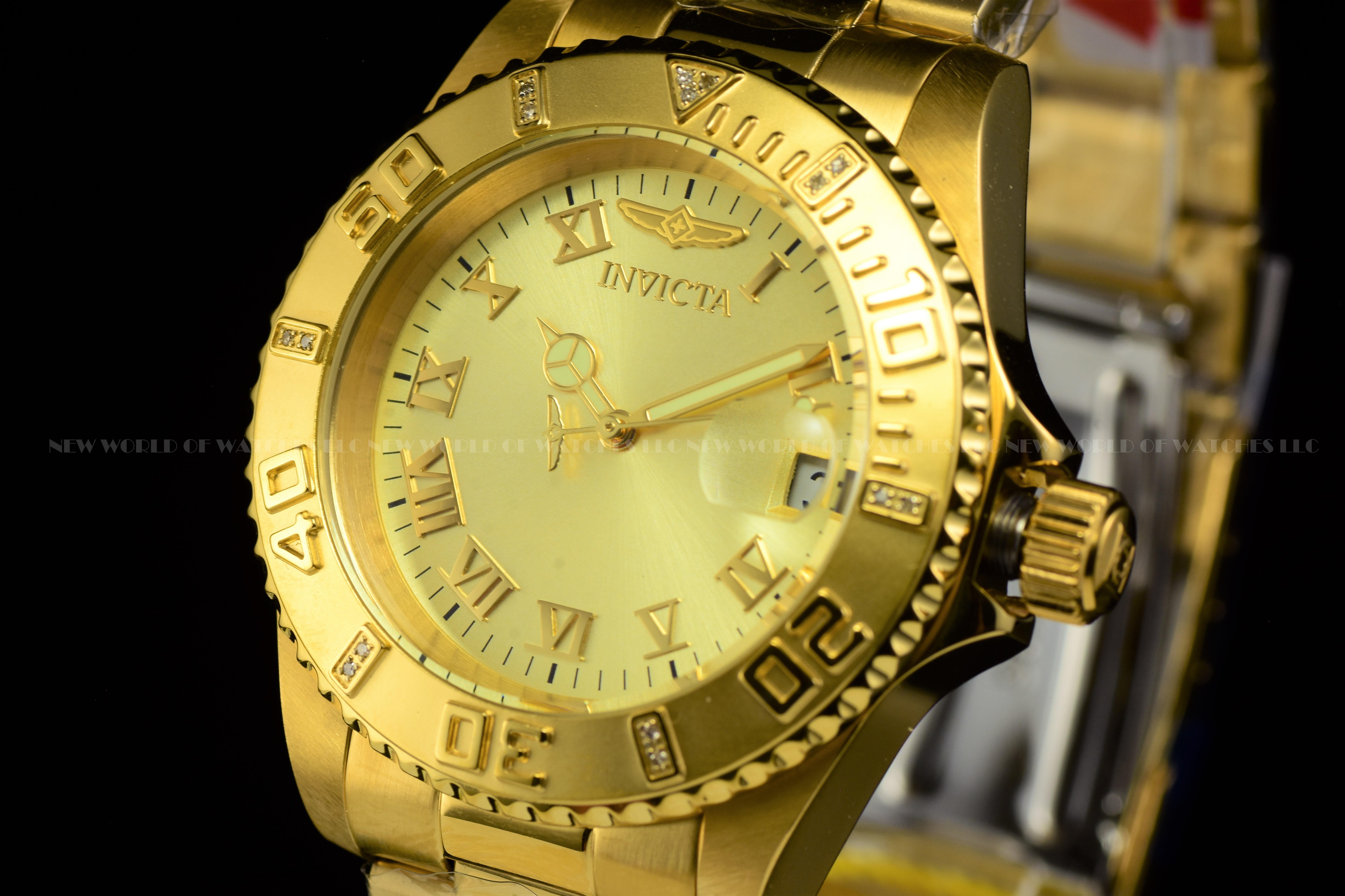 Invicta Men Pro Diver 40mm Gold Quartz Singapore Stainless Steel Diamonds Watch