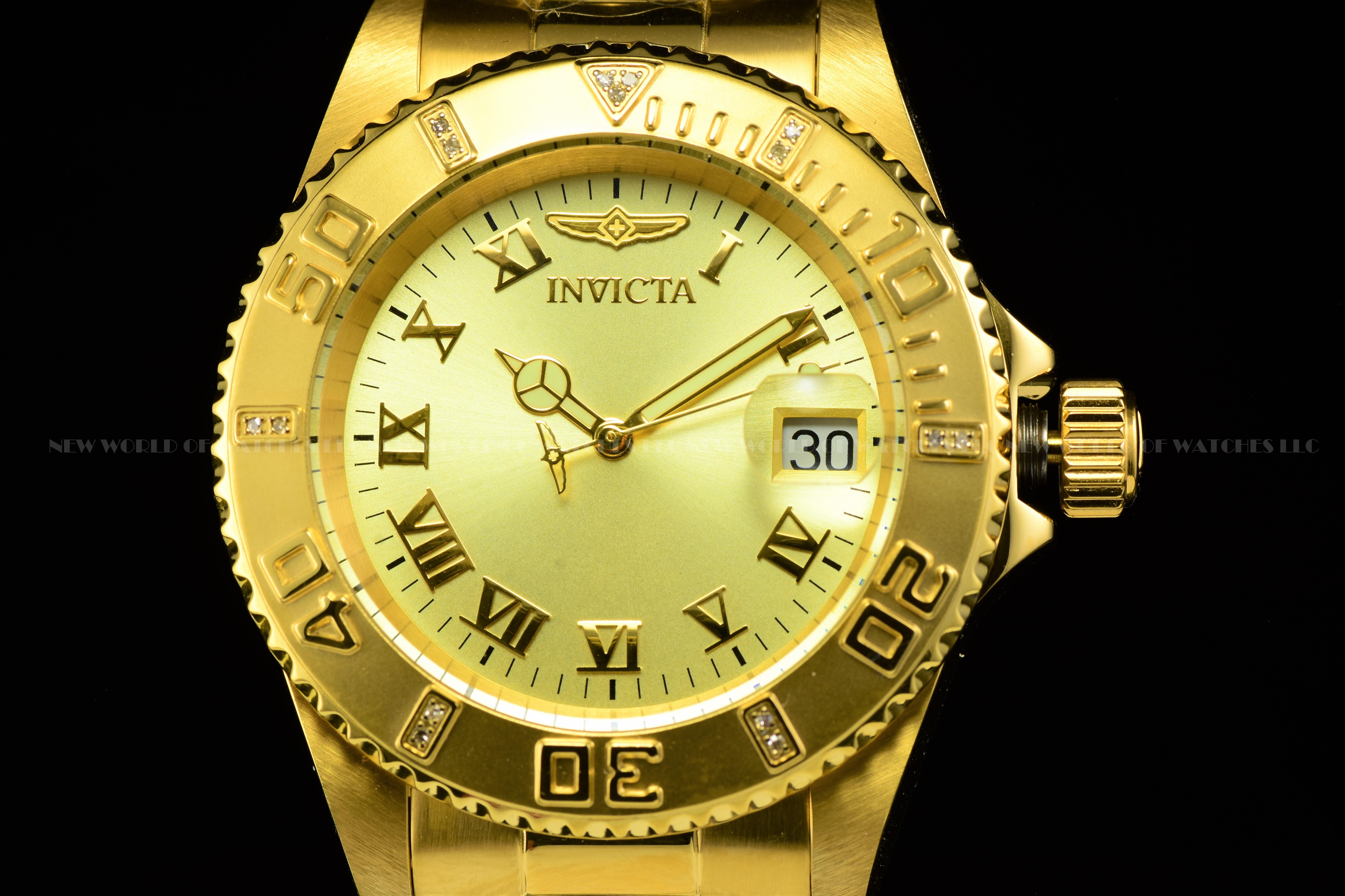 Invicta Men Pro Diver 40mm Gold Quartz Singapore Stainless Steel Diamonds Watch