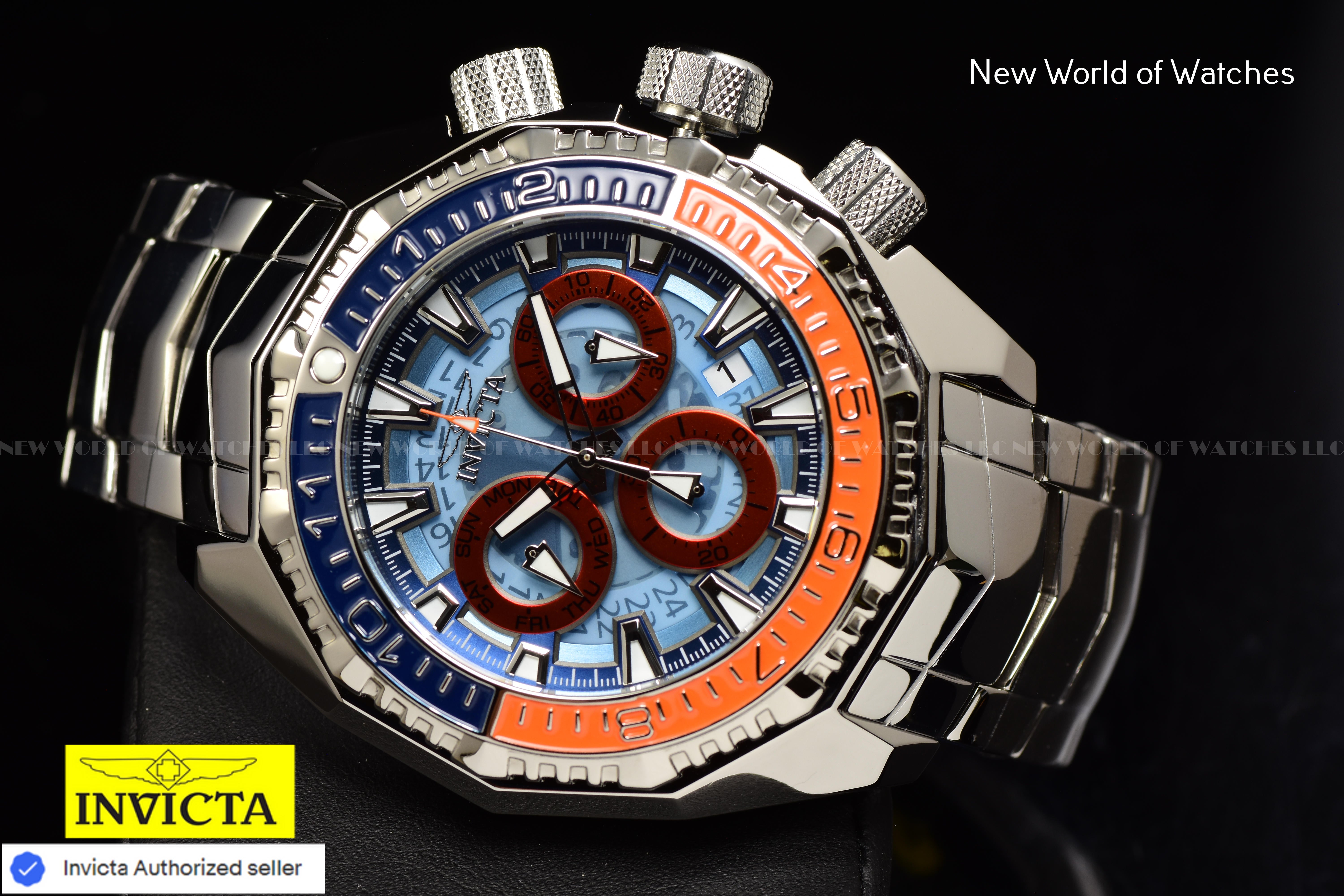 Invicta Men Akula 55mm Dark Blue Light Blue Orange Quartz Thailand Stainless Steel Watch
