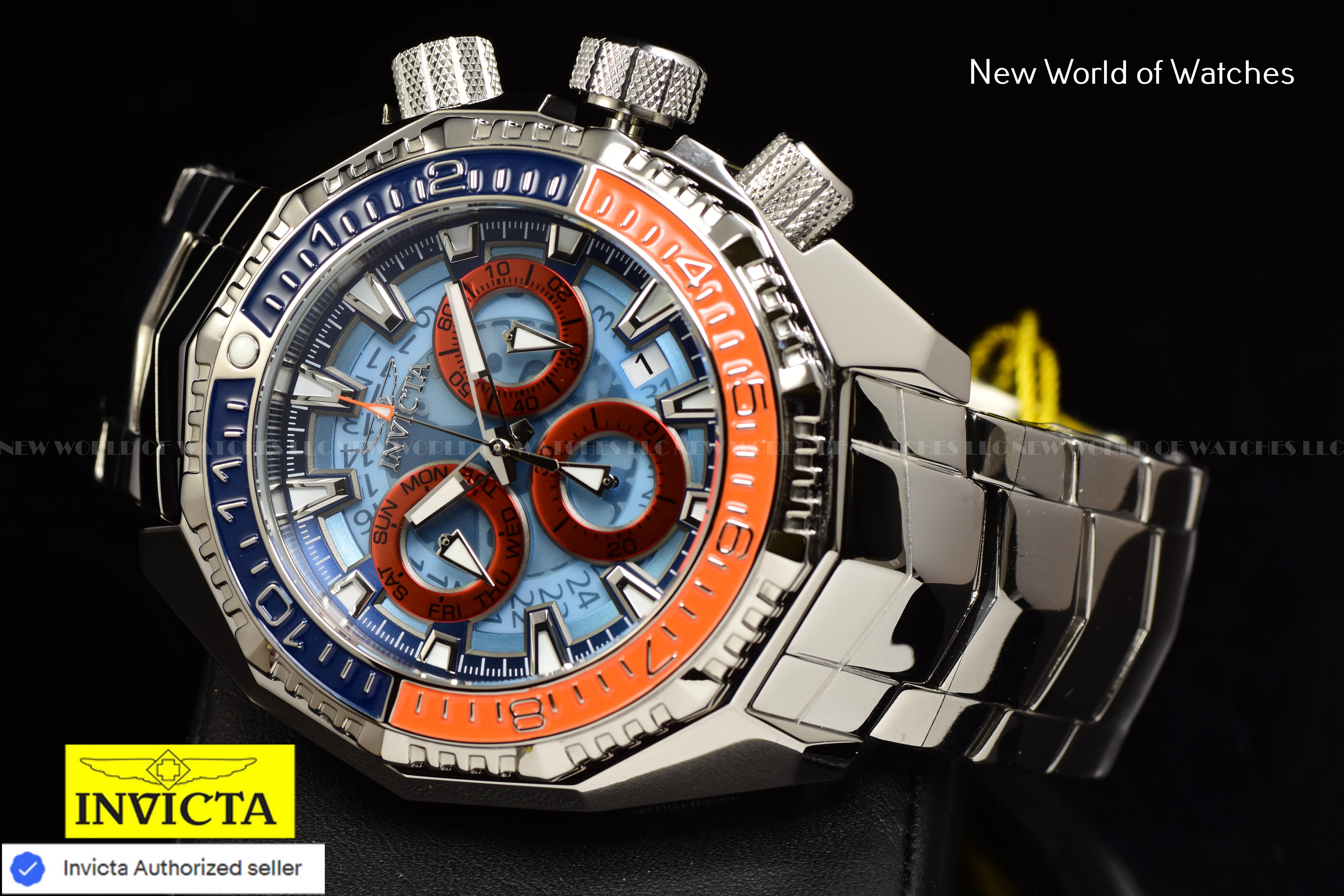 Invicta Men Akula 55mm Dark Blue Light Blue Orange Quartz Thailand Stainless Steel Watch