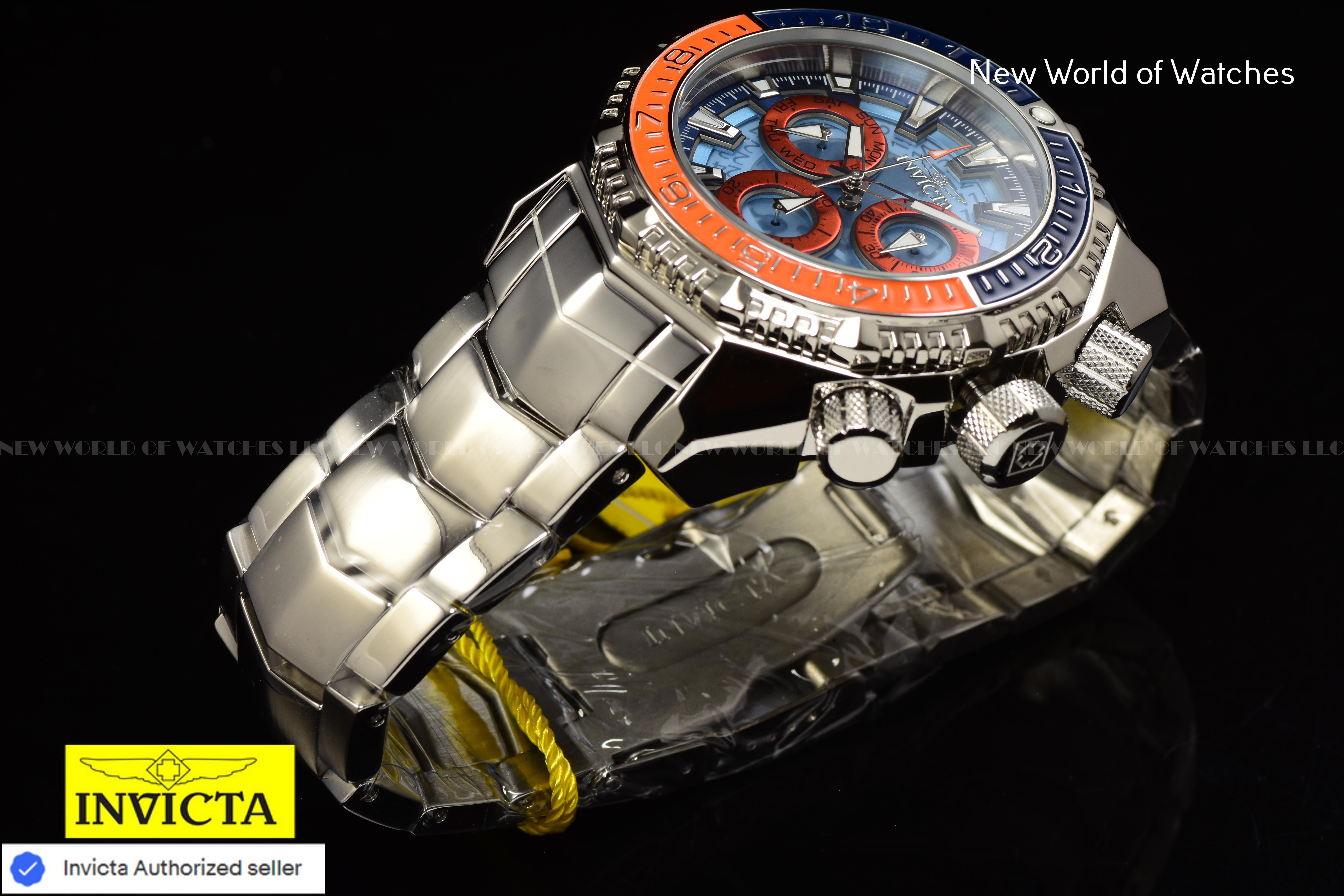Invicta Men Akula 55mm Dark Blue Light Blue Orange Quartz Thailand Stainless Steel Watch