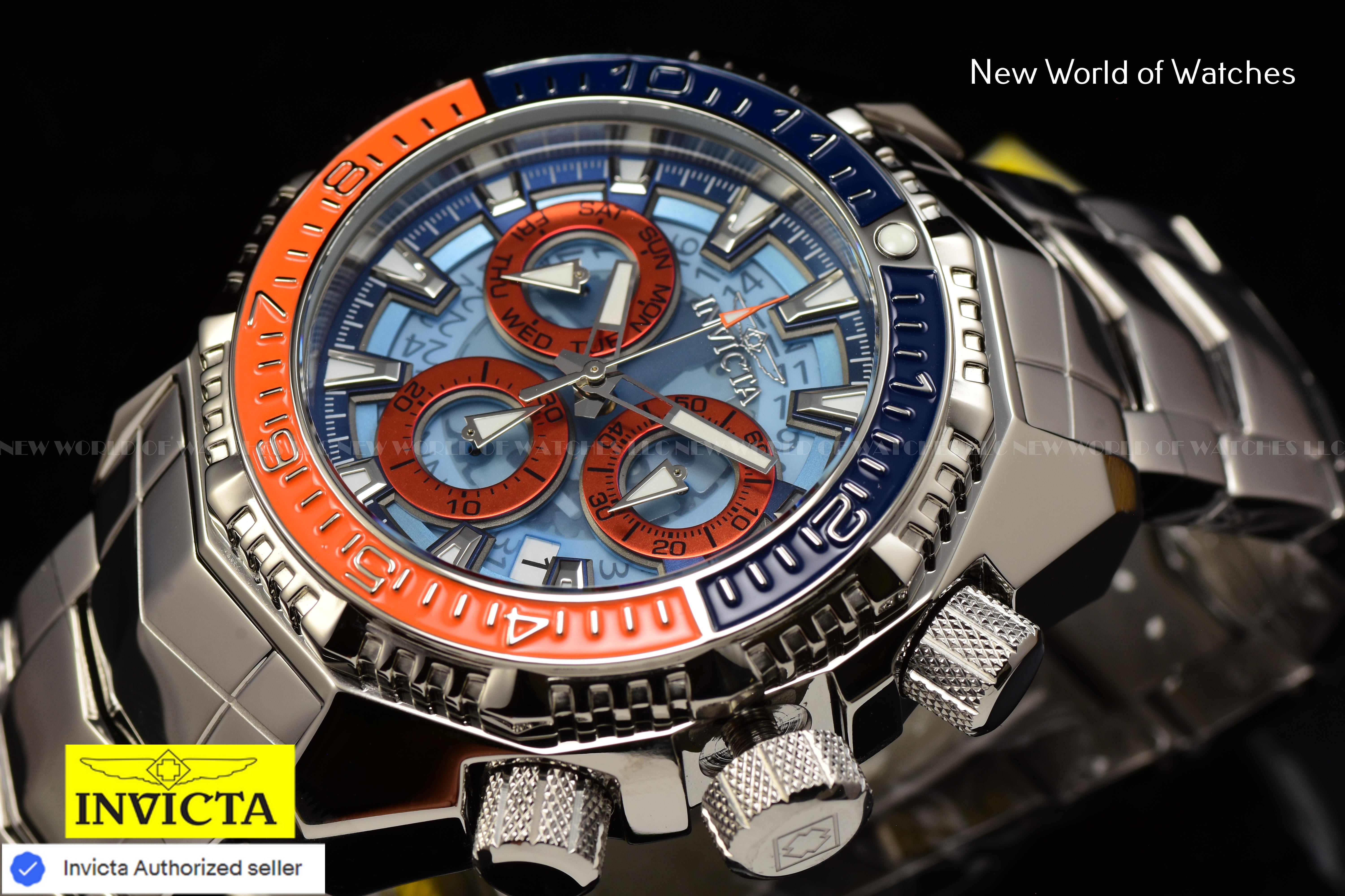 Invicta Men Akula 55mm Dark Blue Light Blue Orange Quartz Thailand Stainless Steel Watch