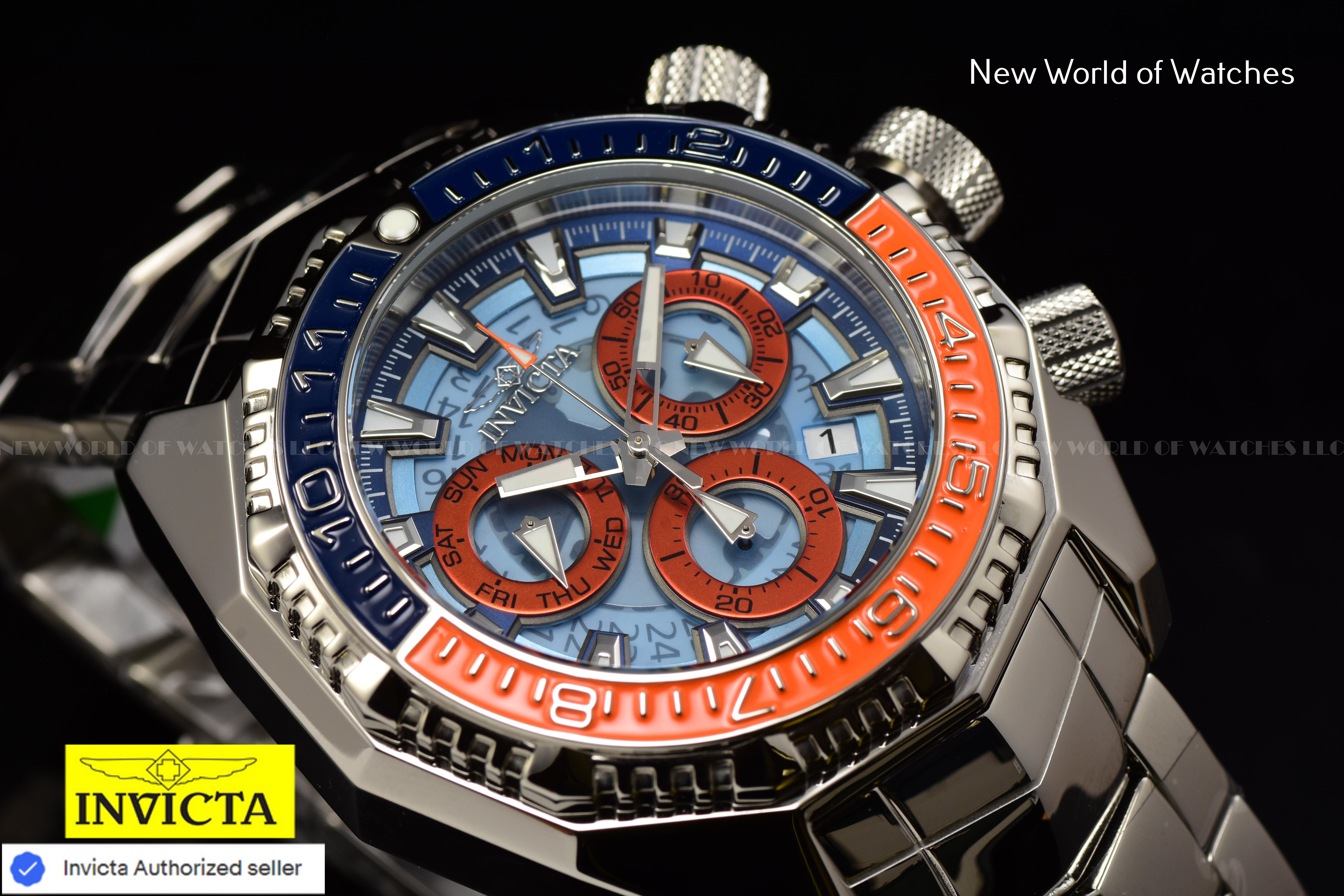 Invicta Men Akula 55mm Dark Blue Light Blue Orange Quartz Thailand Stainless Steel Watch