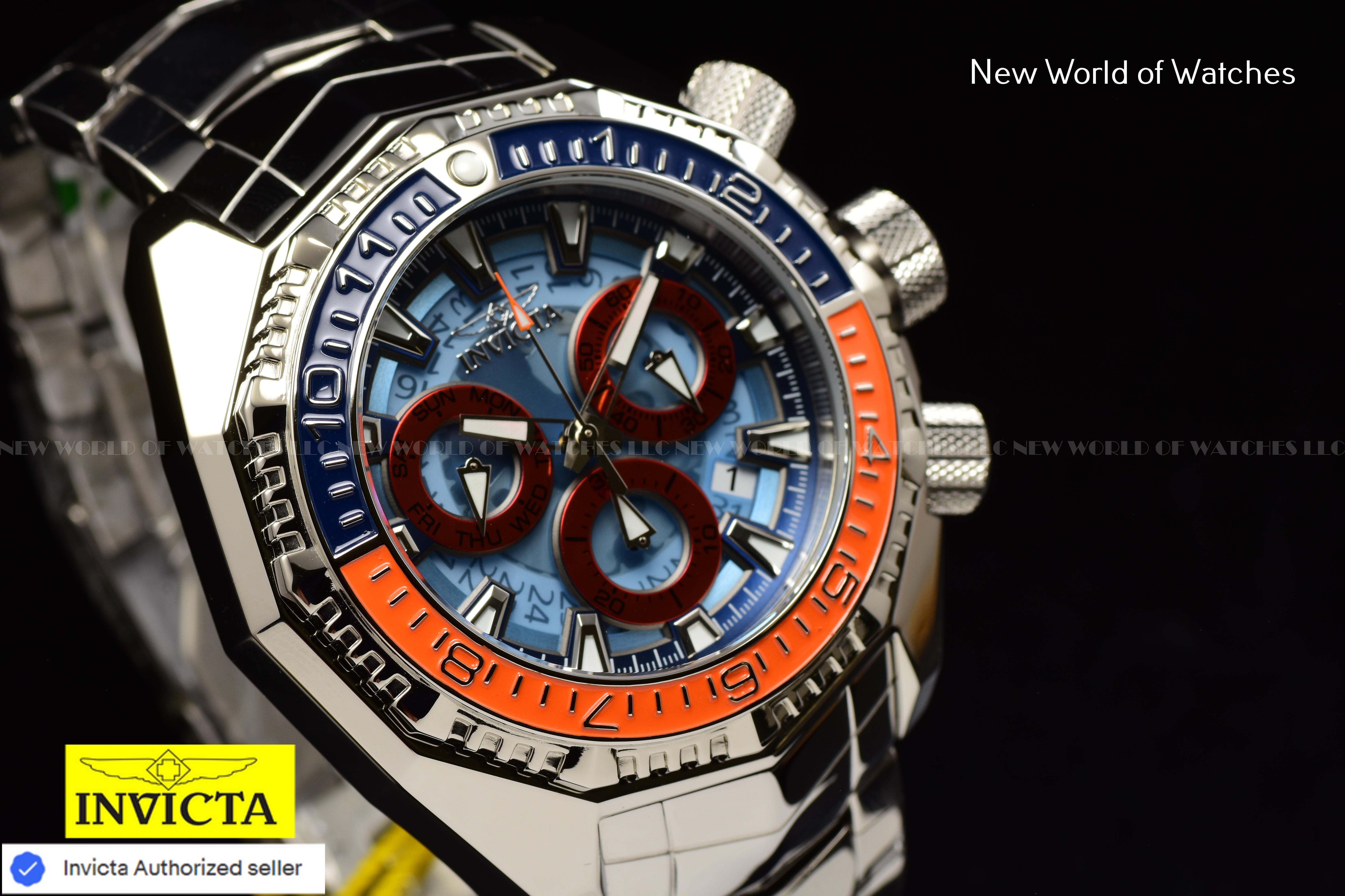 Invicta Men Akula 55mm Dark Blue Light Blue Orange Quartz Thailand Stainless Steel Watch