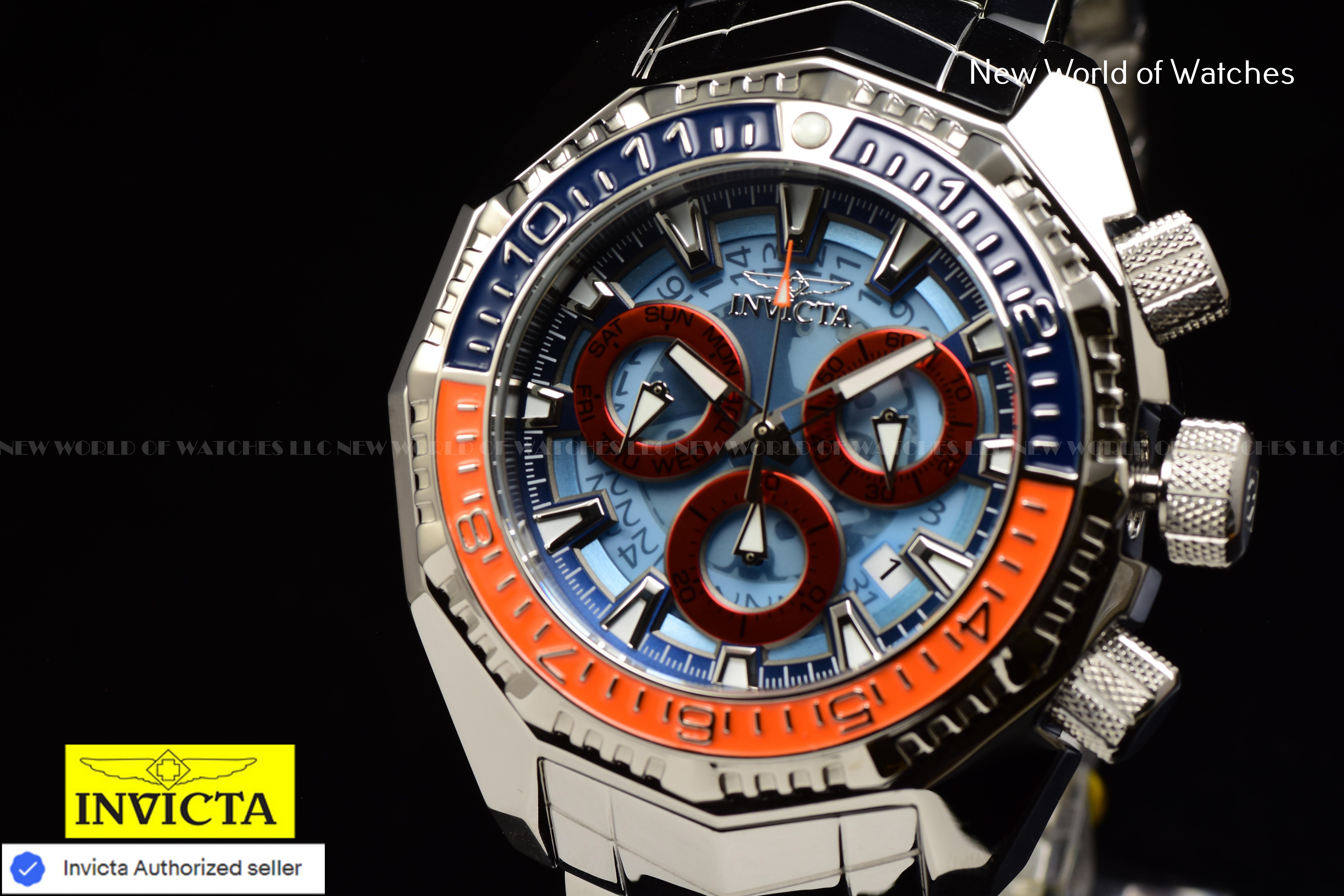Invicta Men Akula 55mm Dark Blue Light Blue Orange Quartz Thailand Stainless Steel Watch
