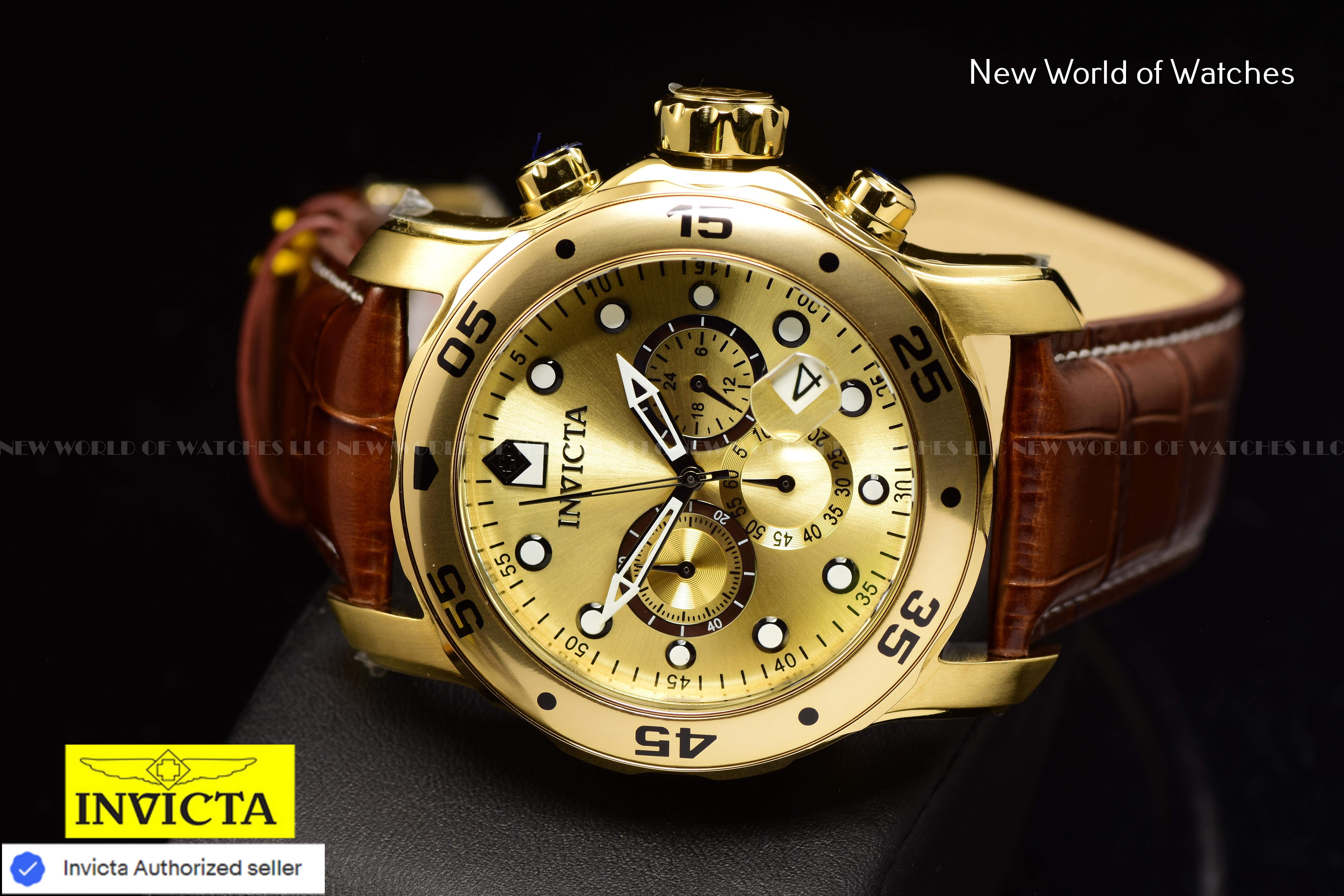 Invicta Men Pro Diver 48mm Gold Quartz Japan Leather Watch