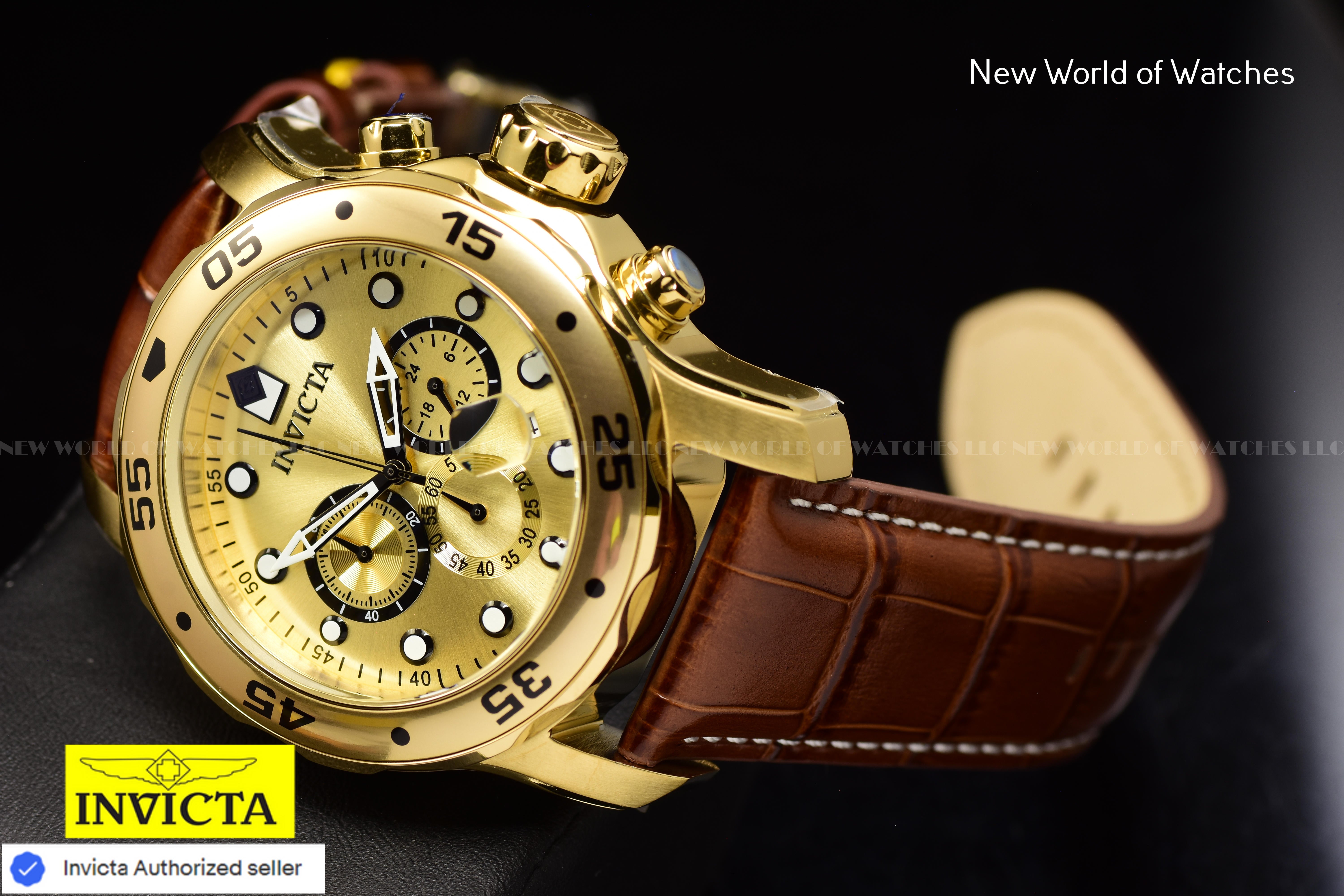 Invicta Men Pro Diver 48mm Gold Quartz Japan Leather Watch