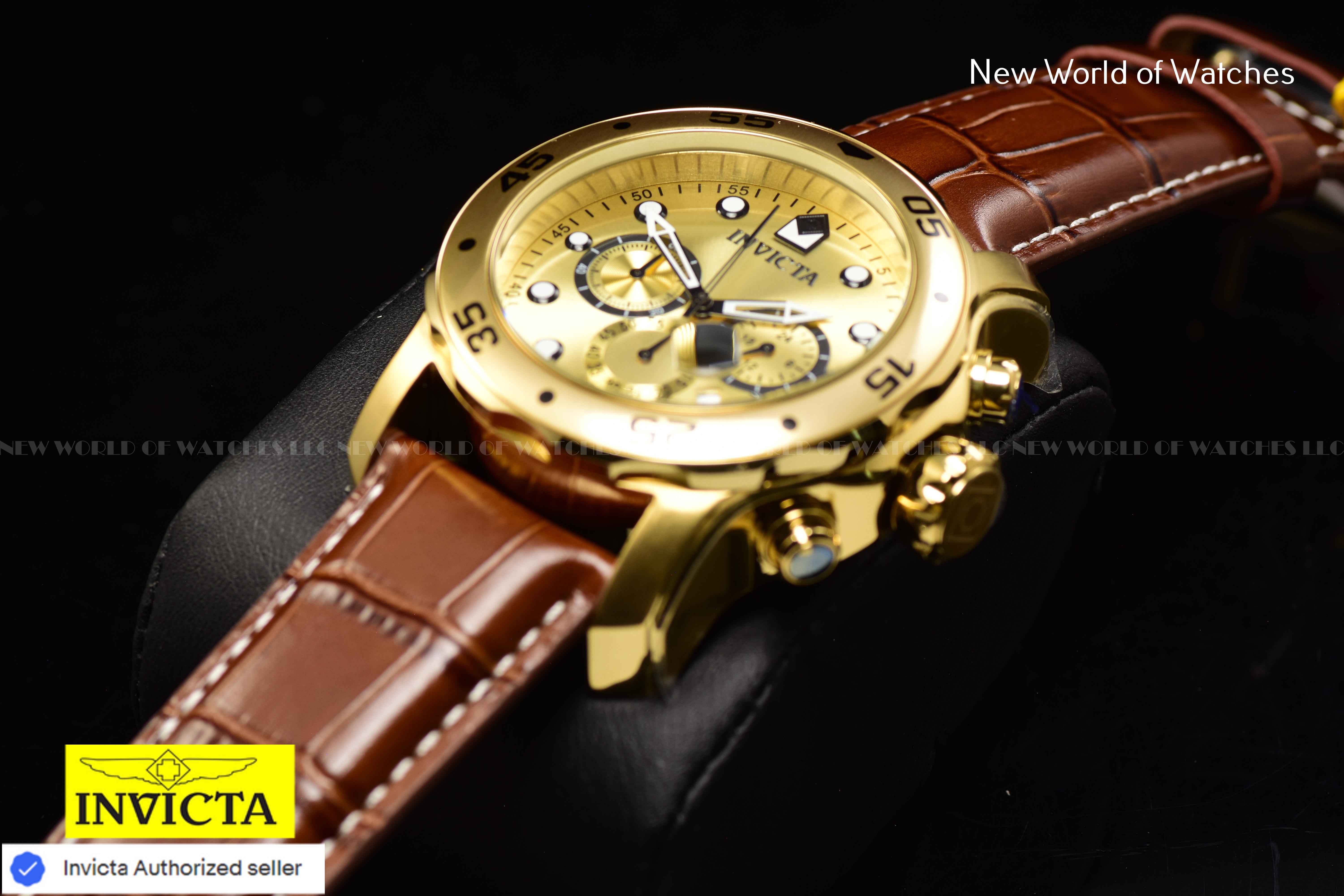Invicta Men Pro Diver 48mm Gold Quartz Japan Leather Watch