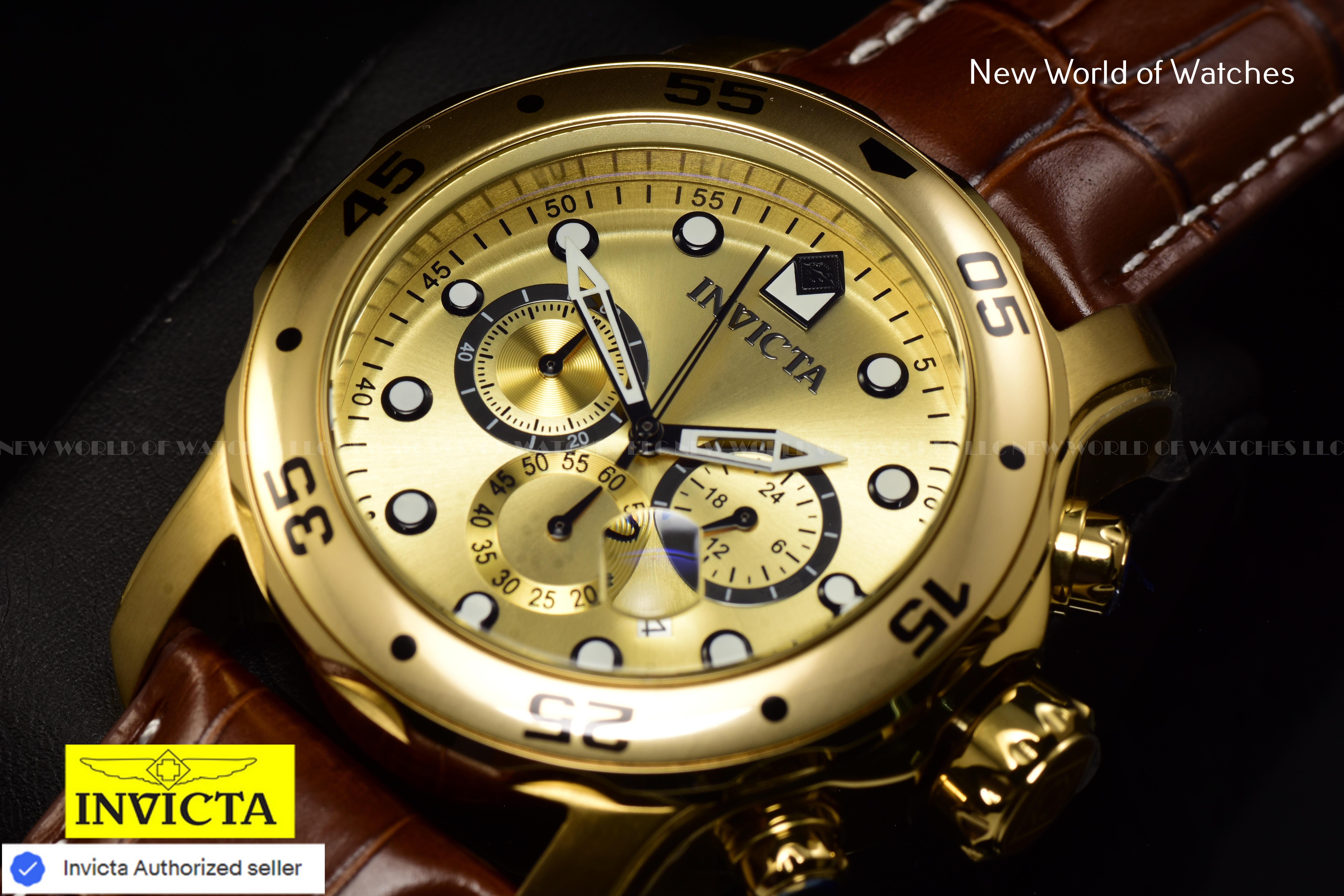 Invicta Men Pro Diver 48mm Gold Quartz Japan Leather Watch