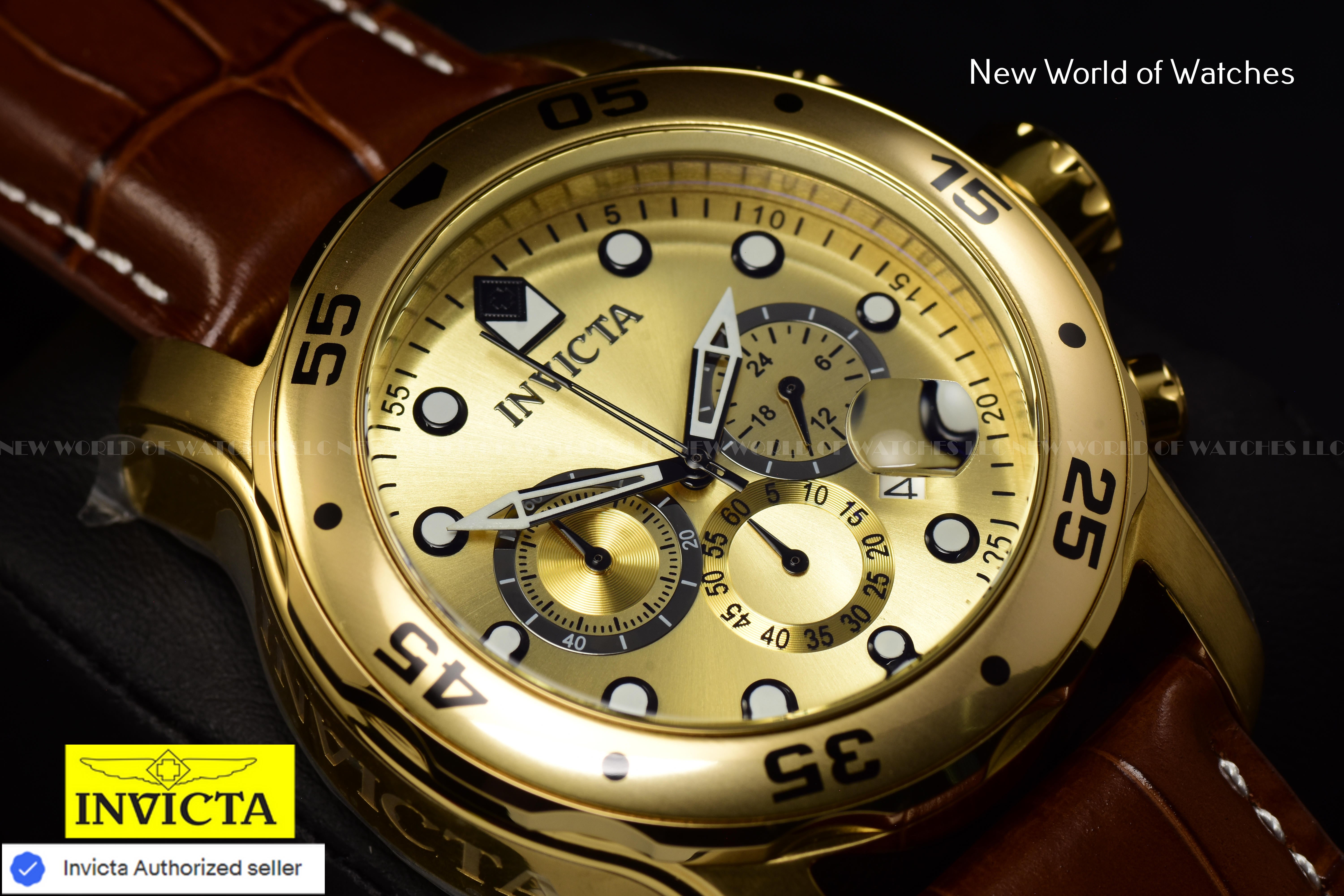 Invicta Men Pro Diver 48mm Gold Quartz Japan Leather Watch