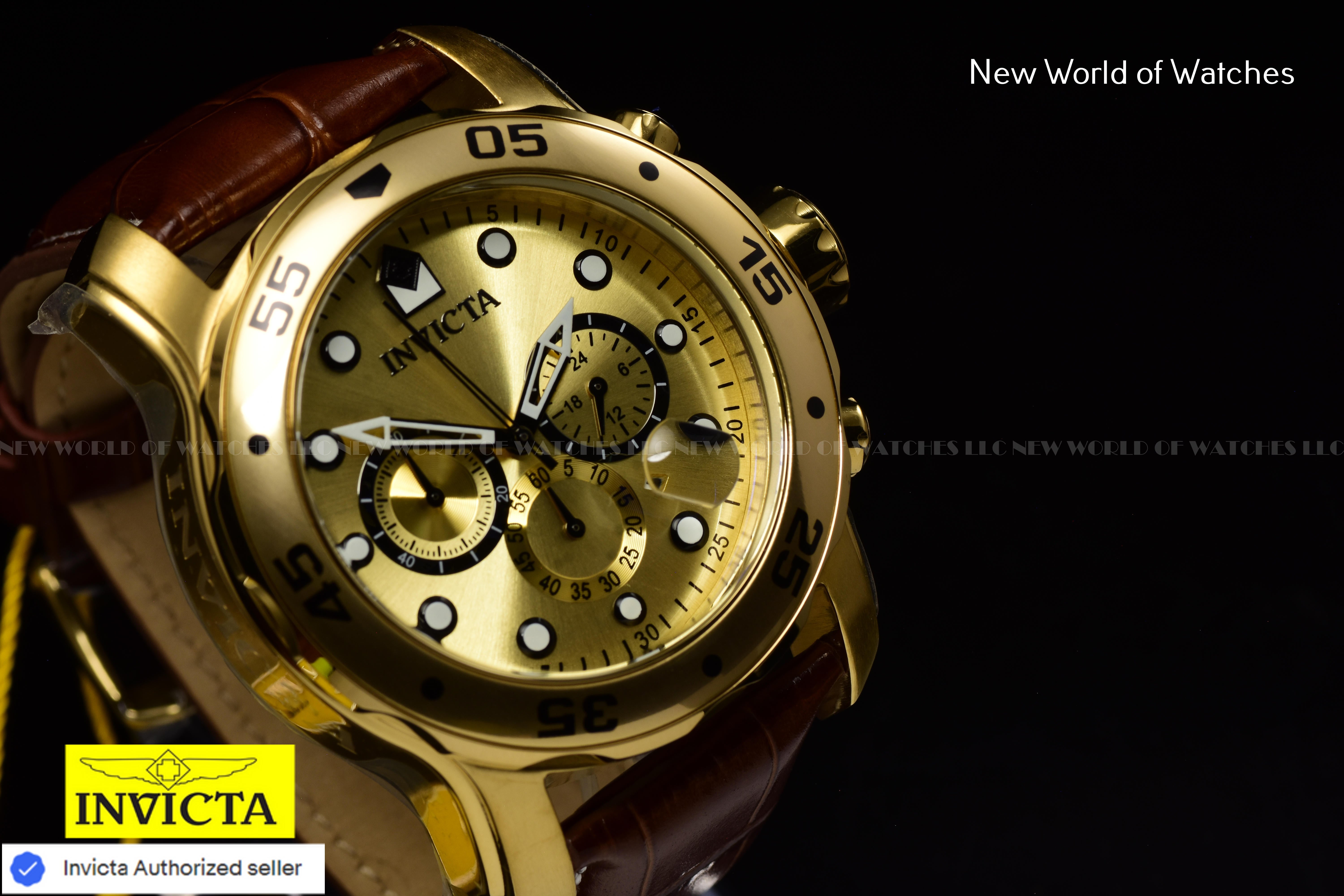 Invicta Men Pro Diver 48mm Gold Quartz Japan Leather Watch