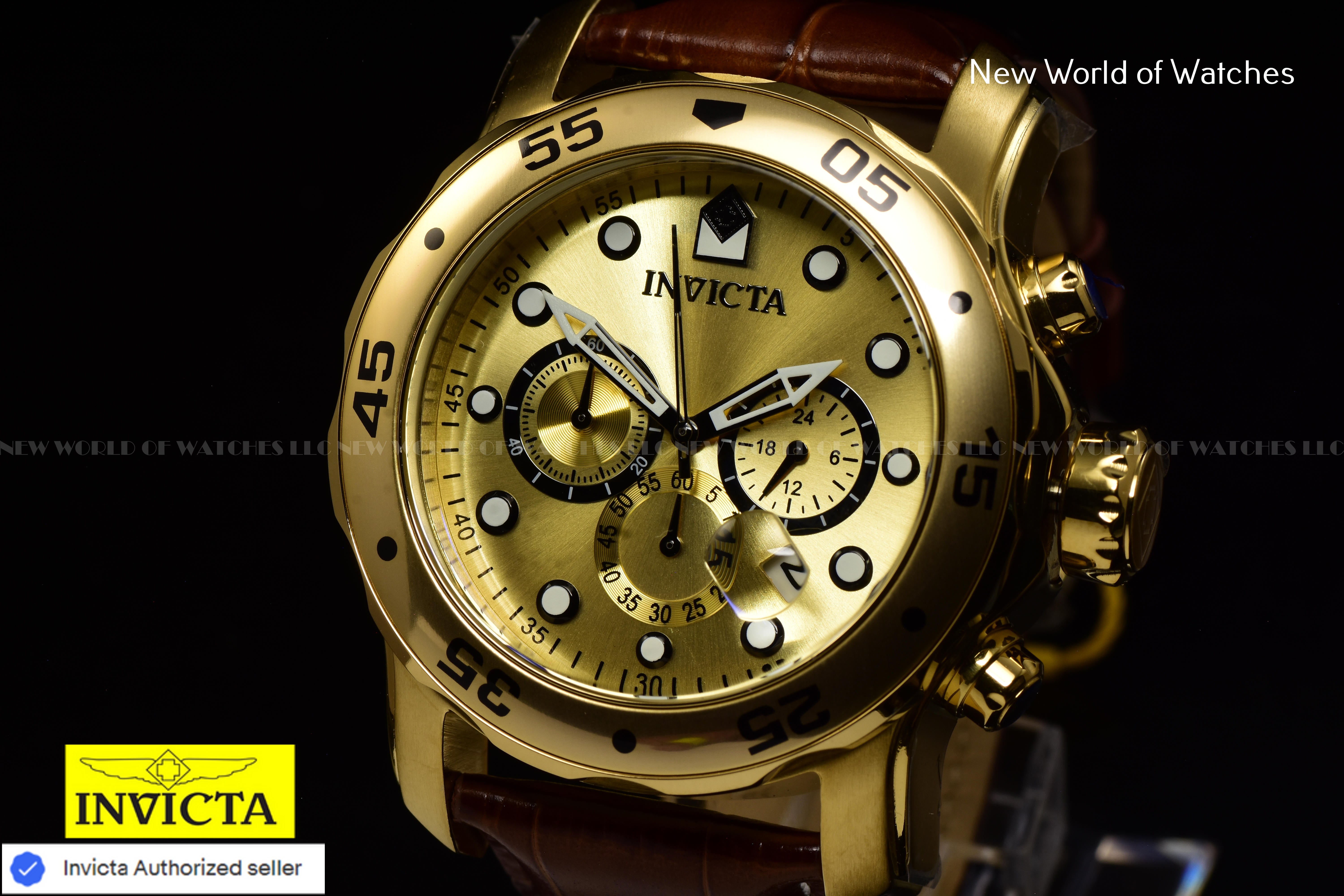 Invicta Men Pro Diver 48mm Gold Quartz Japan Leather Watch
