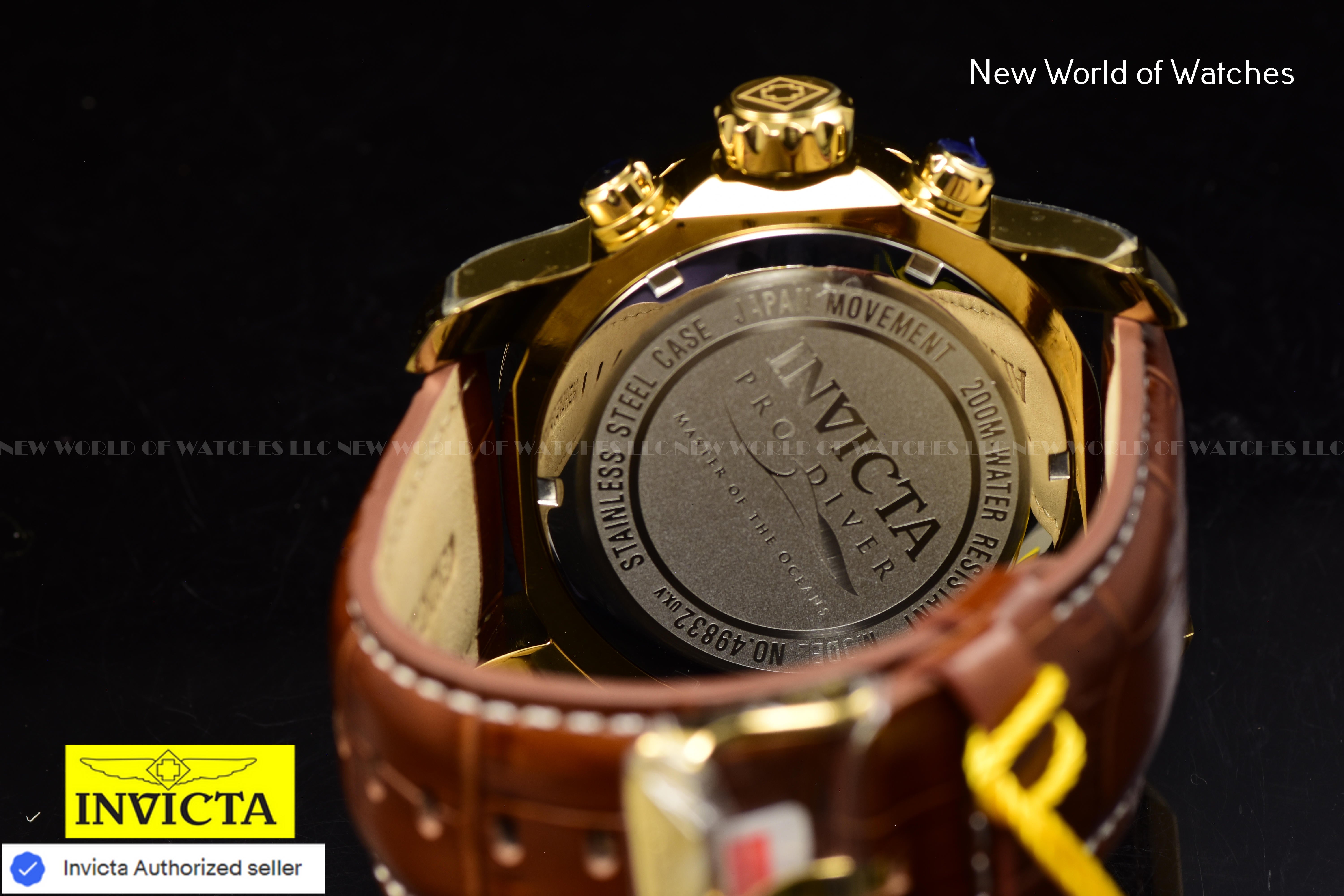 Invicta Men Pro Diver 48mm Gold Quartz Japan Leather Watch