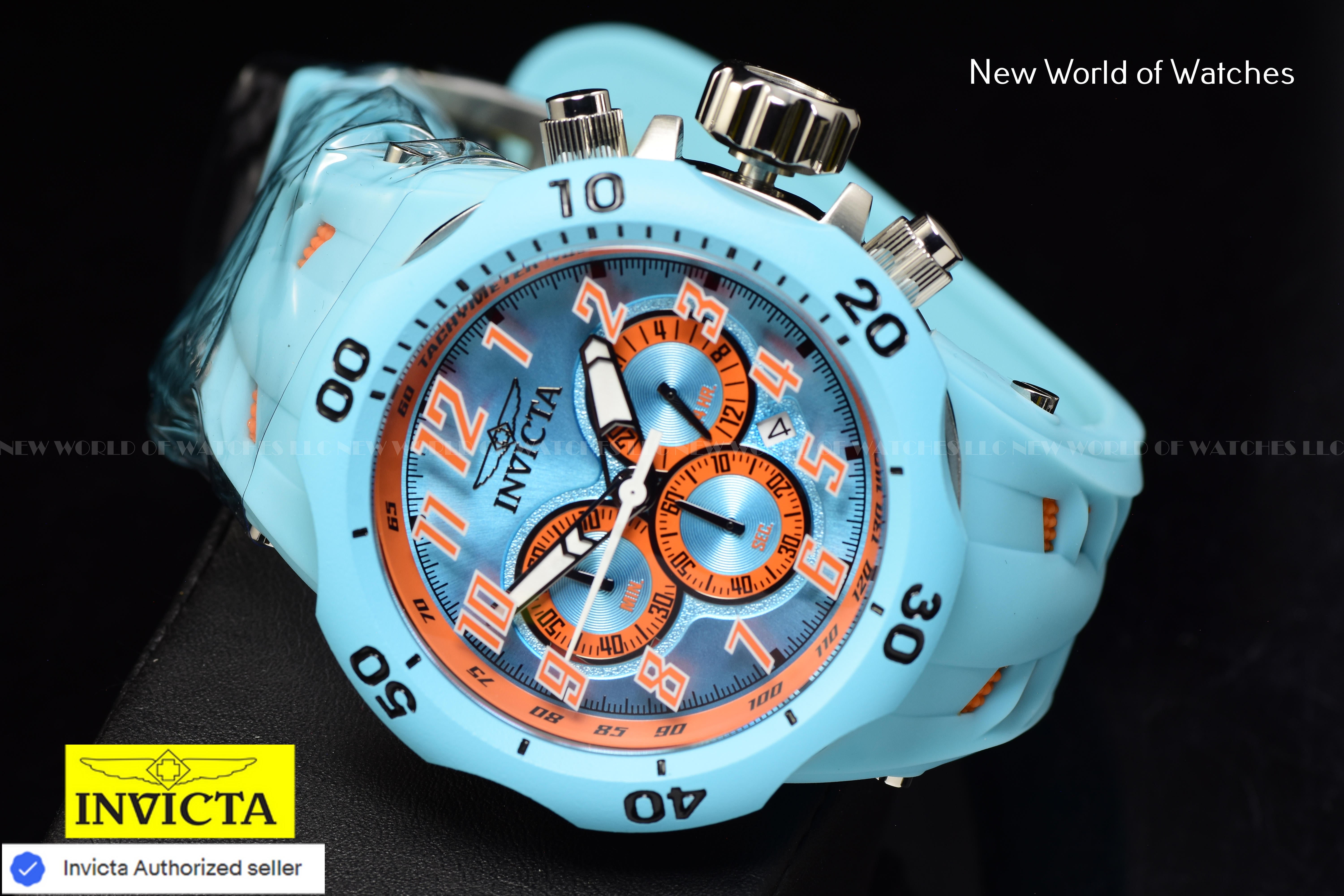 Invicta Men Venom Hydra 52mm Light Blue Orange Quartz Japan Silicone Watch
