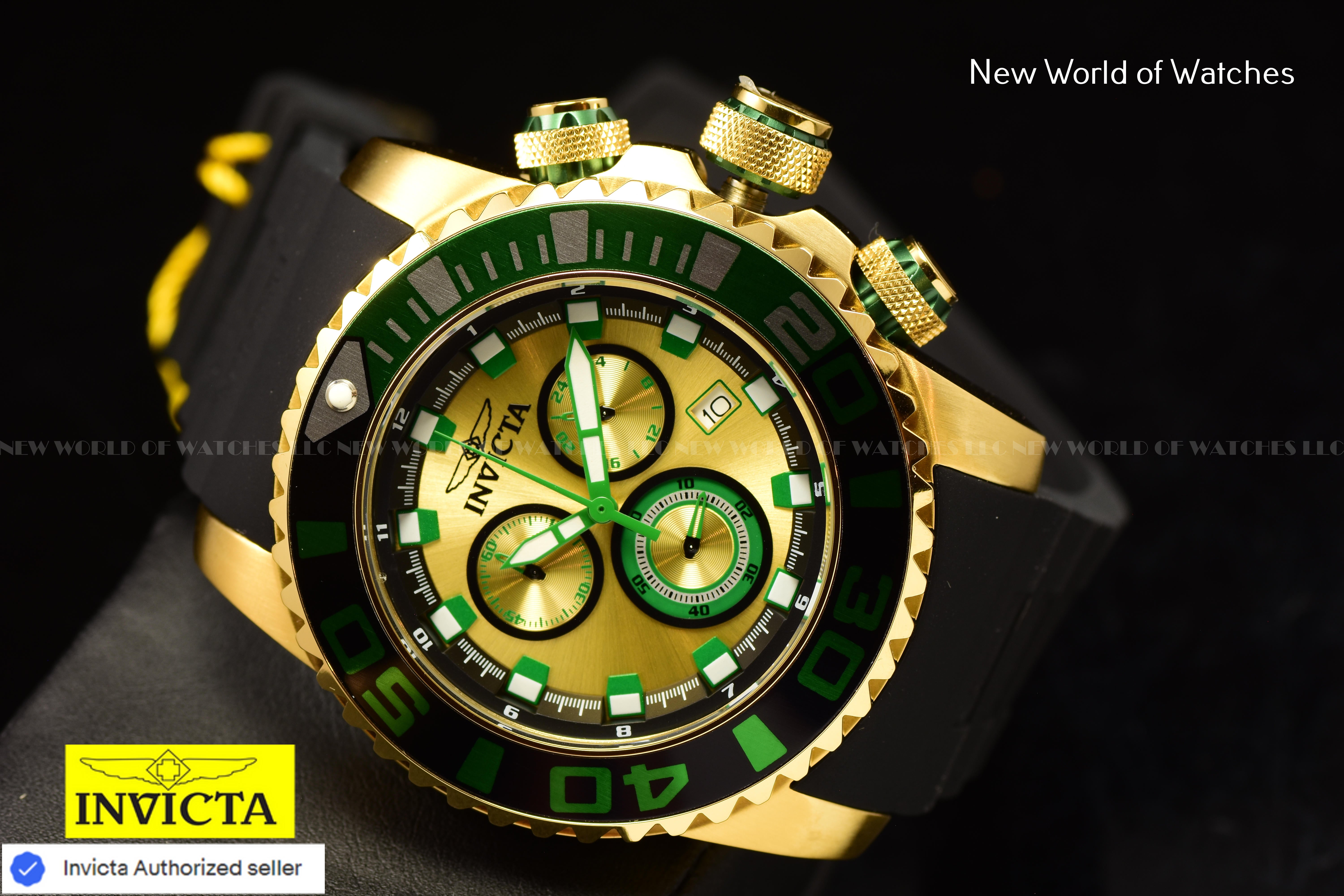 Invicta Men Sea Hunter 52mm Gold Quartz Japan Silicone Watch