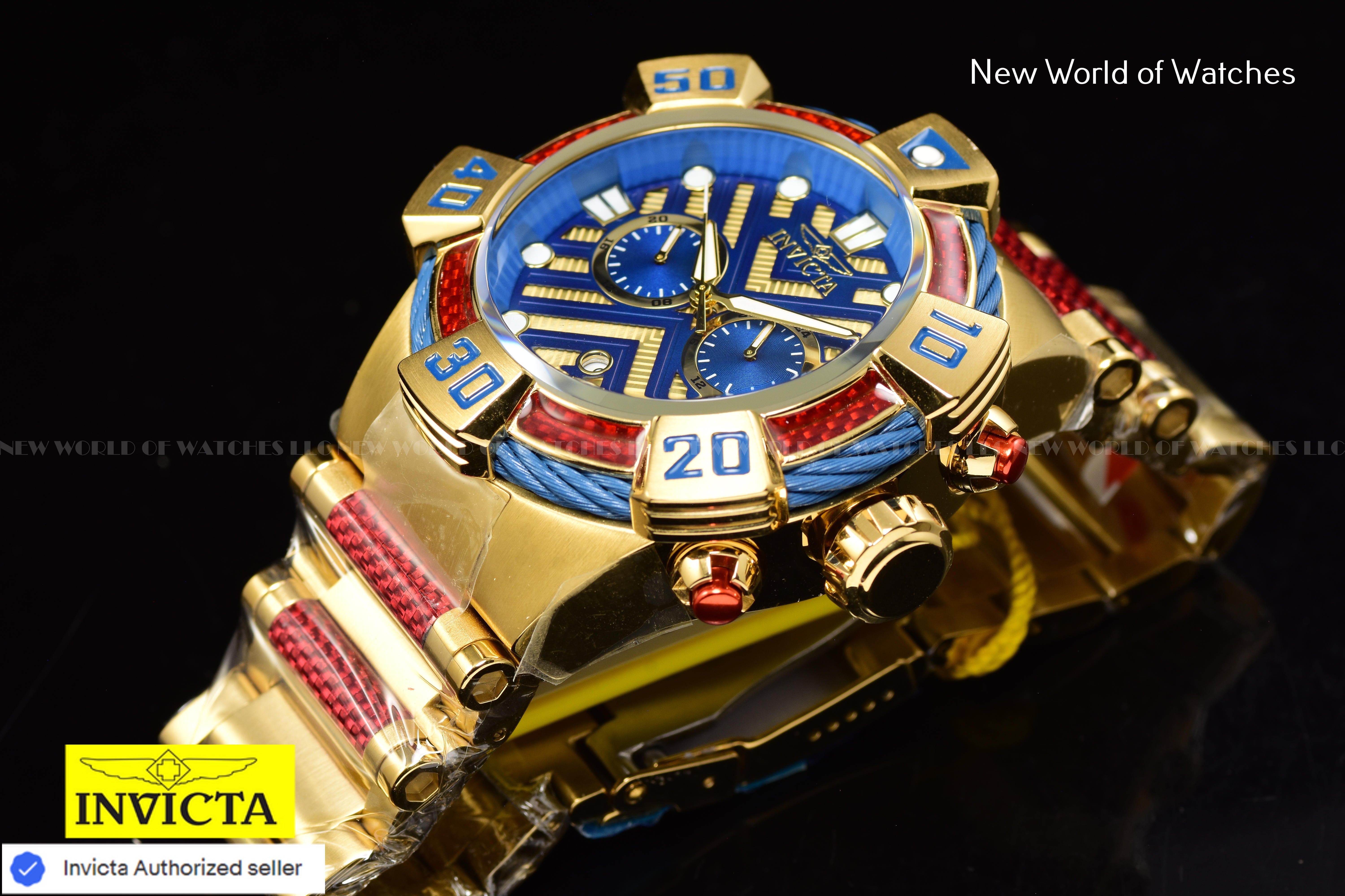 Invicta Men Bolt 52mm Gold Blue Quartz Japan Glass Fiber Stainless Steel Watch