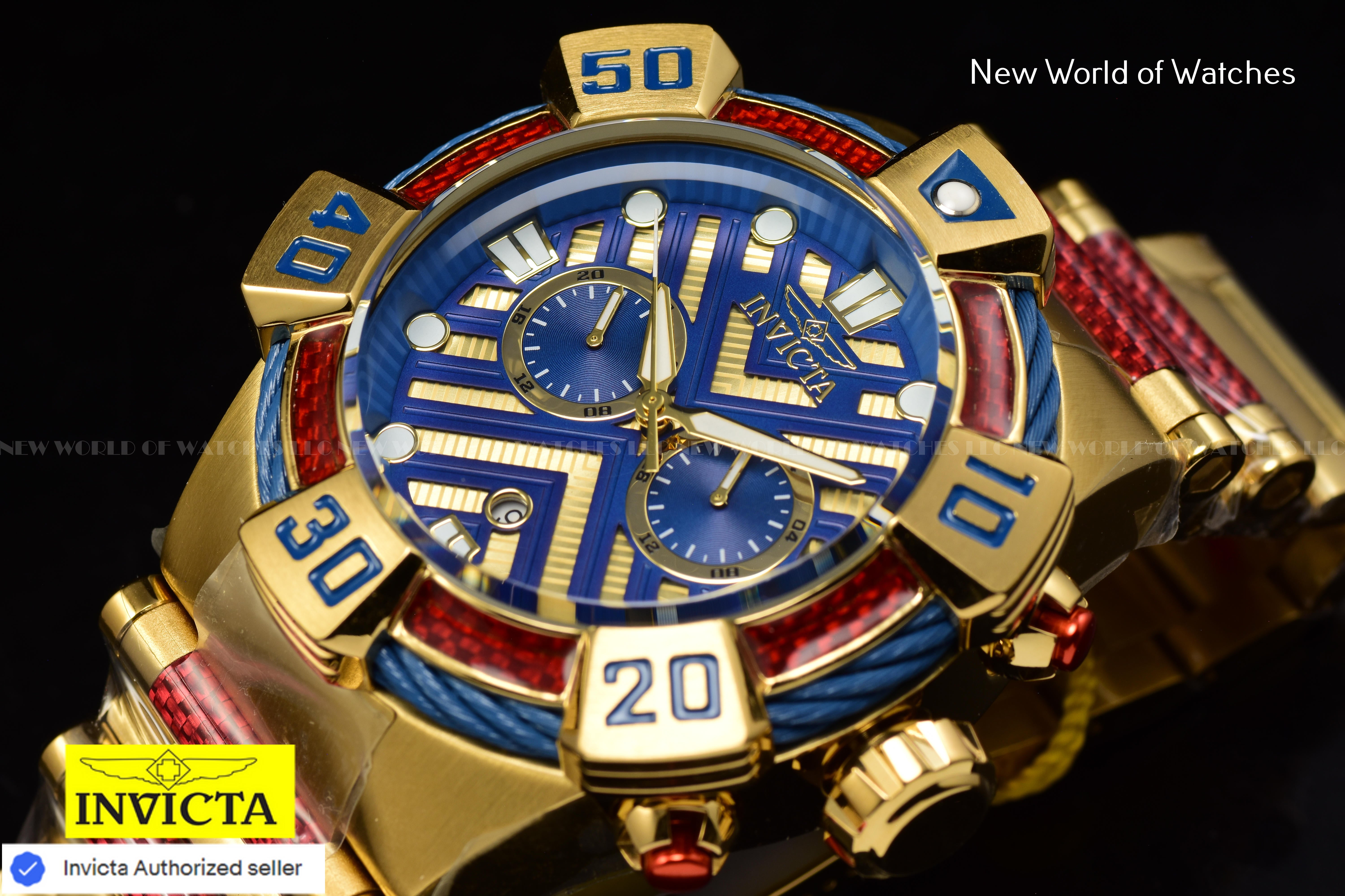 Invicta Men Bolt 52mm Gold Blue Quartz Japan Glass Fiber Stainless Steel Watch