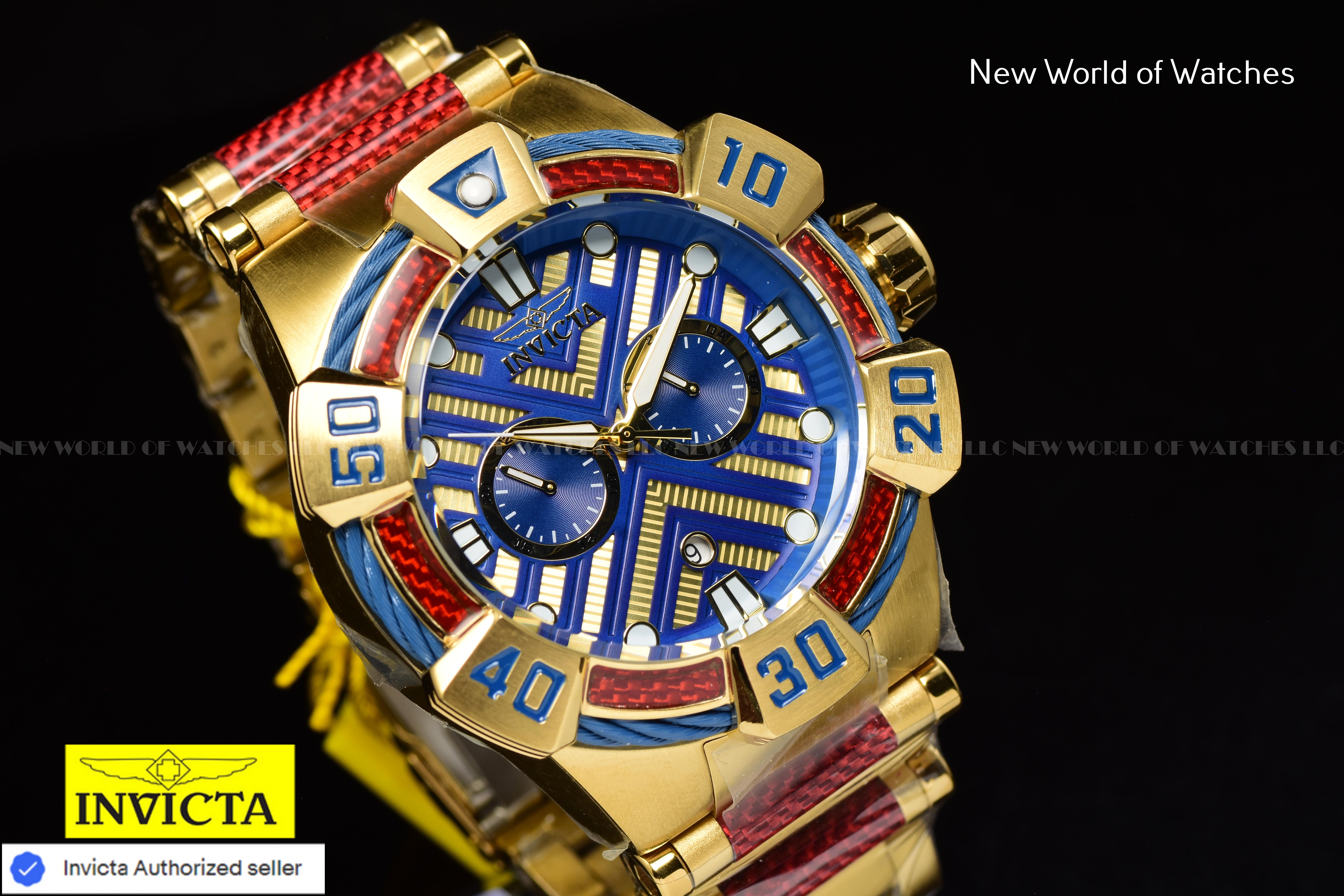 Invicta Men Bolt 52mm Gold Blue Quartz Japan Glass Fiber Stainless Steel Watch