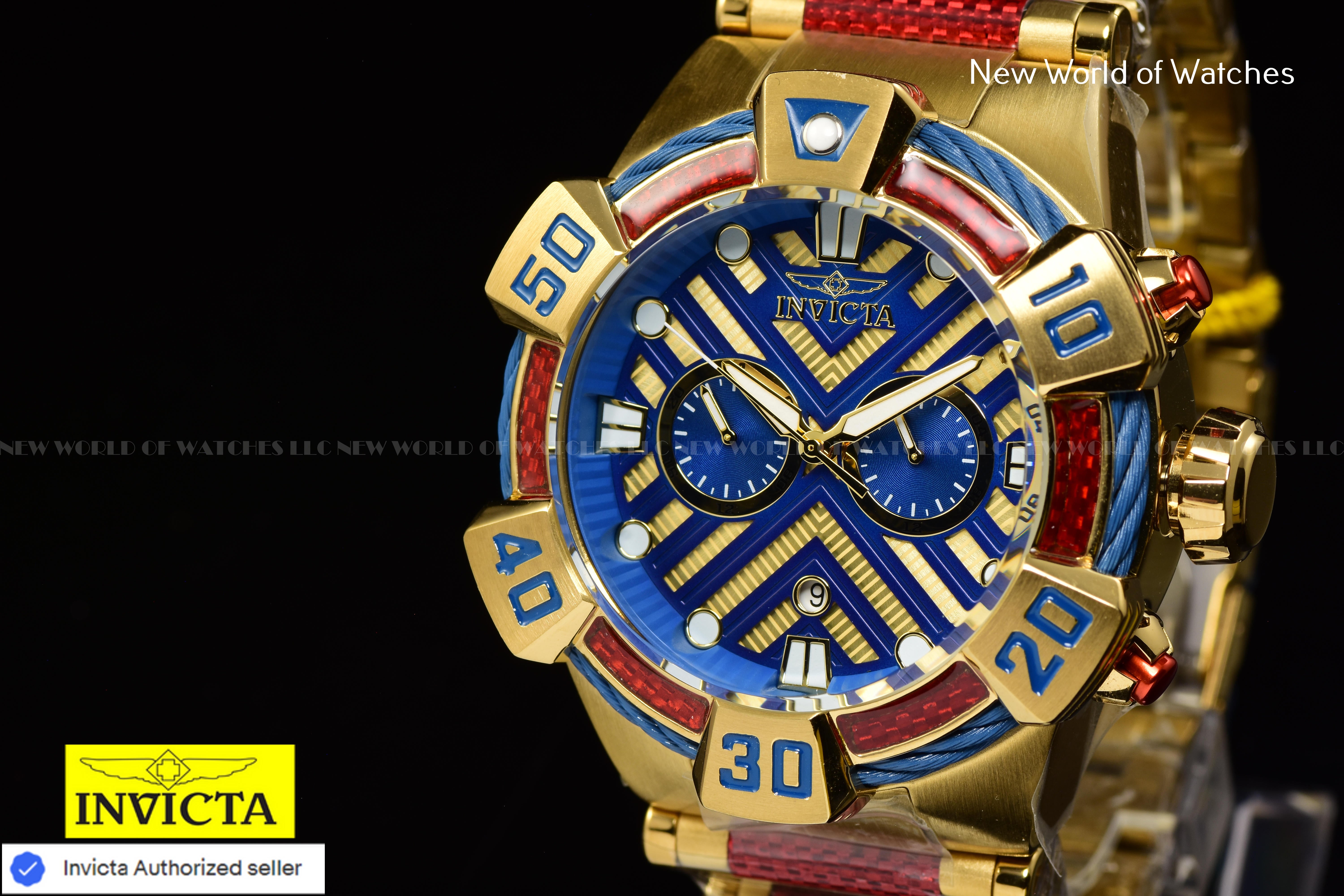 Invicta Men Bolt 52mm Gold Blue Quartz Japan Glass Fiber Stainless Steel Watch