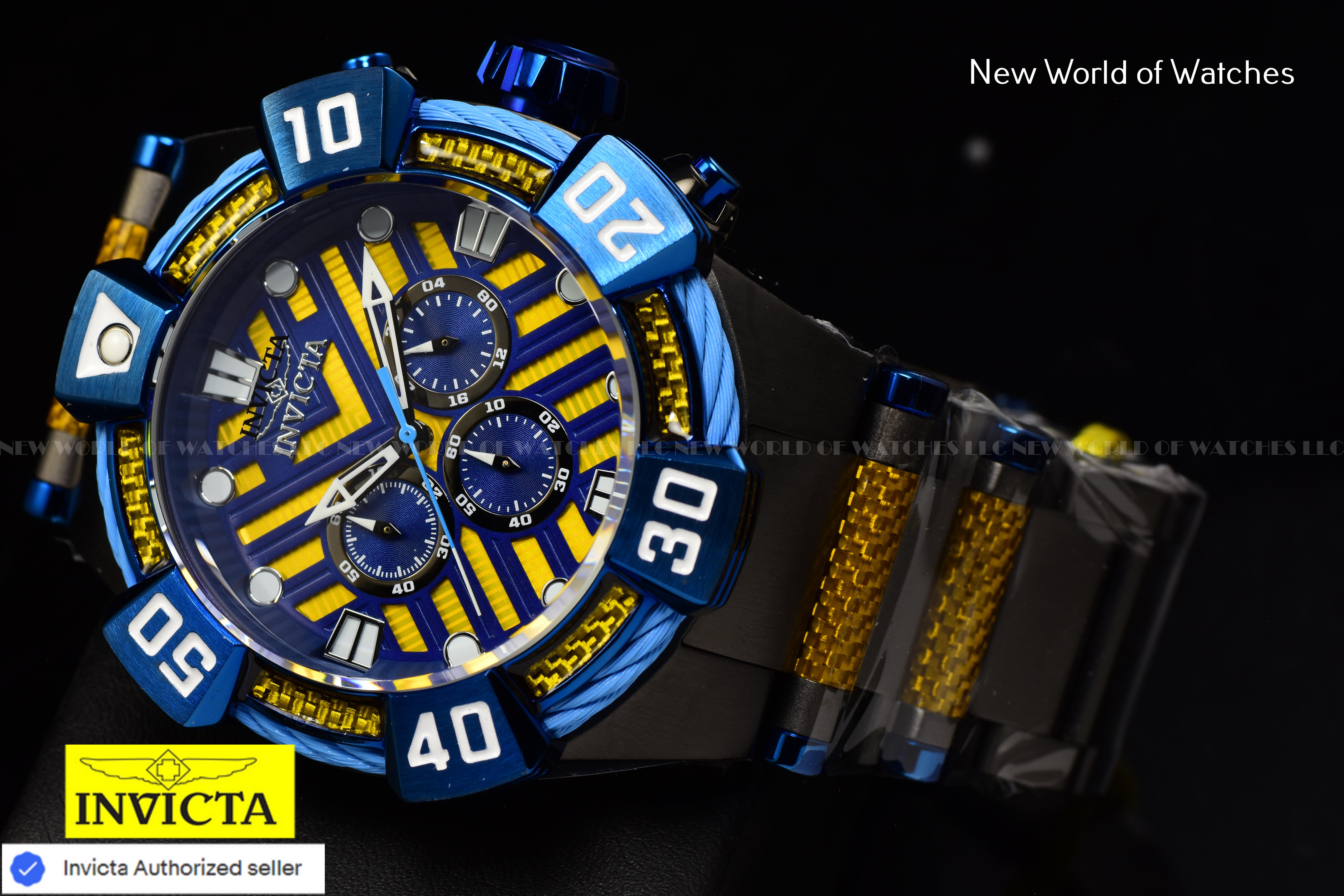 Invicta Men Bolt 52mm Yellow Blue Quartz Japan Glass Fiber Stainless Steel Watch