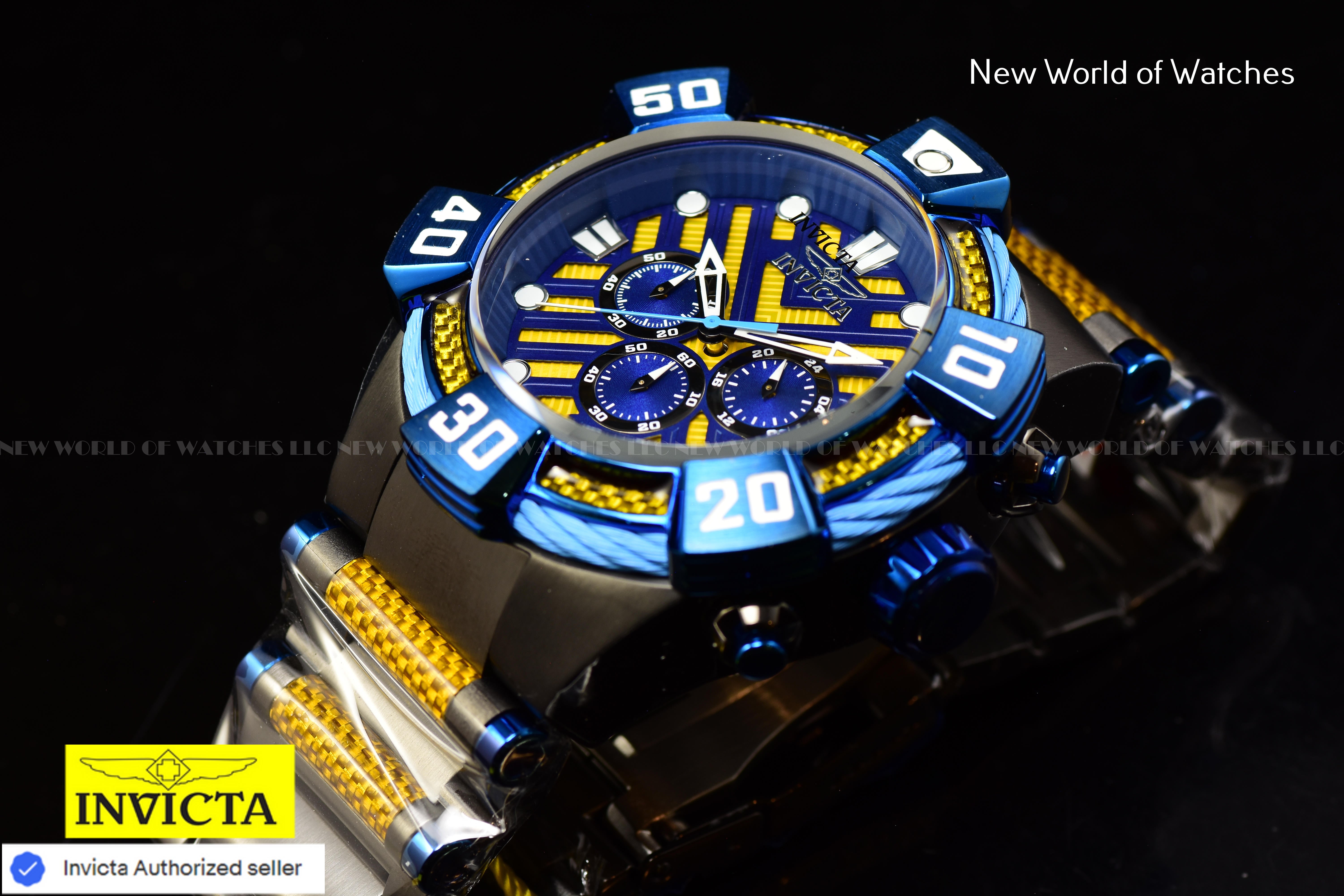Invicta Men Bolt 52mm Yellow Blue Quartz Japan Glass Fiber Stainless Steel Watch