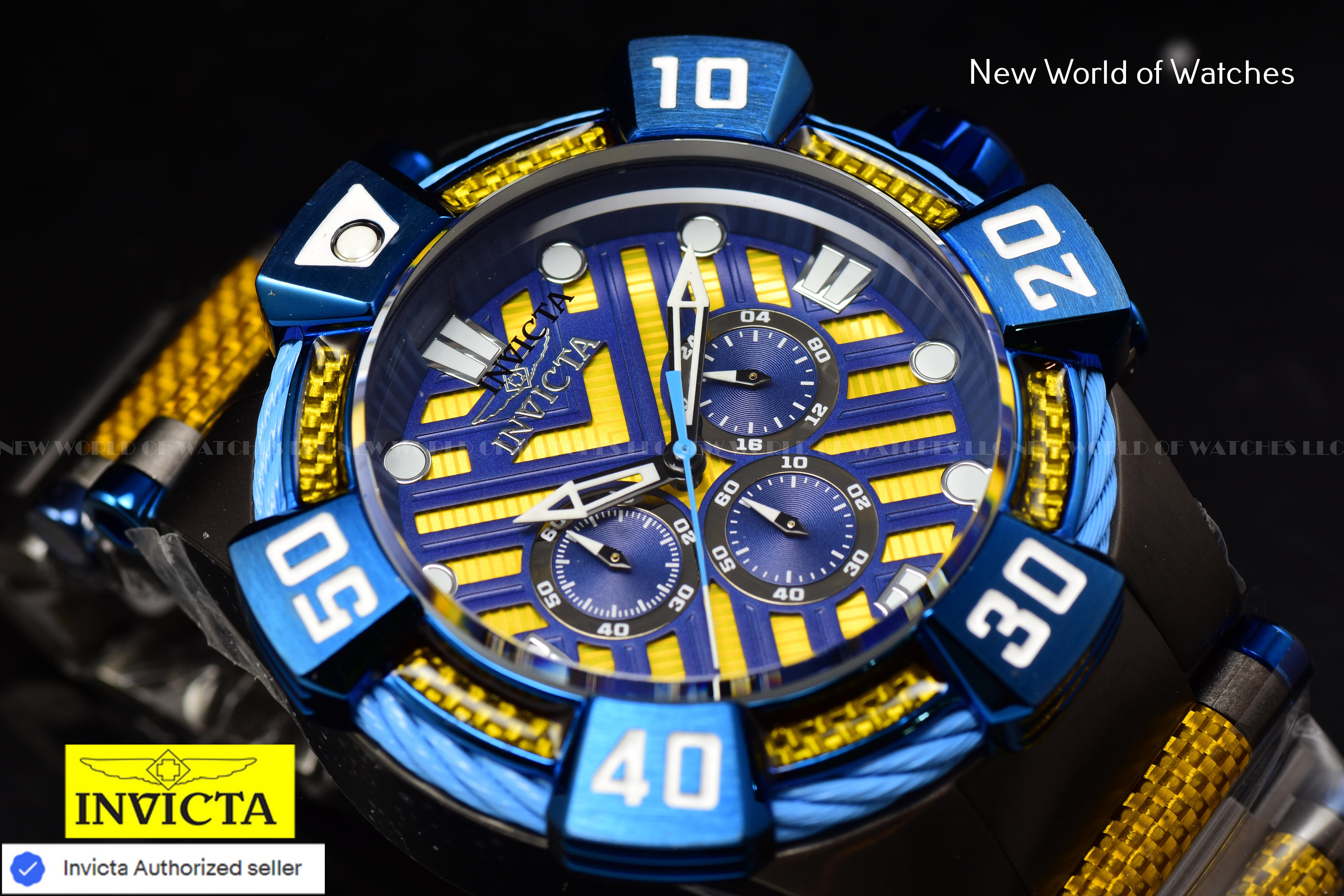 Invicta Men Bolt 52mm Yellow Blue Quartz Japan Glass Fiber Stainless Steel Watch