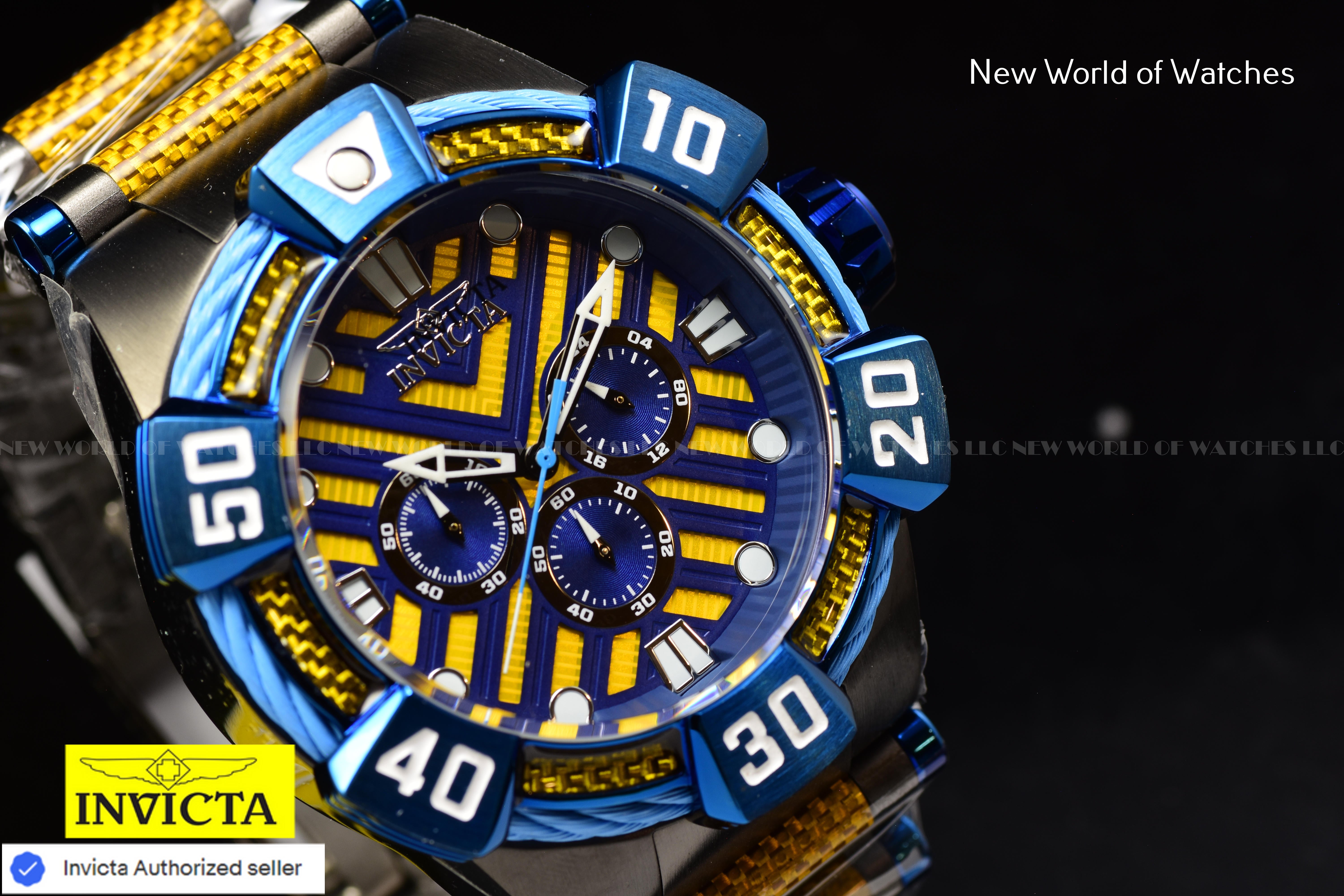 Invicta Men Bolt 52mm Yellow Blue Quartz Japan Glass Fiber Stainless Steel Watch