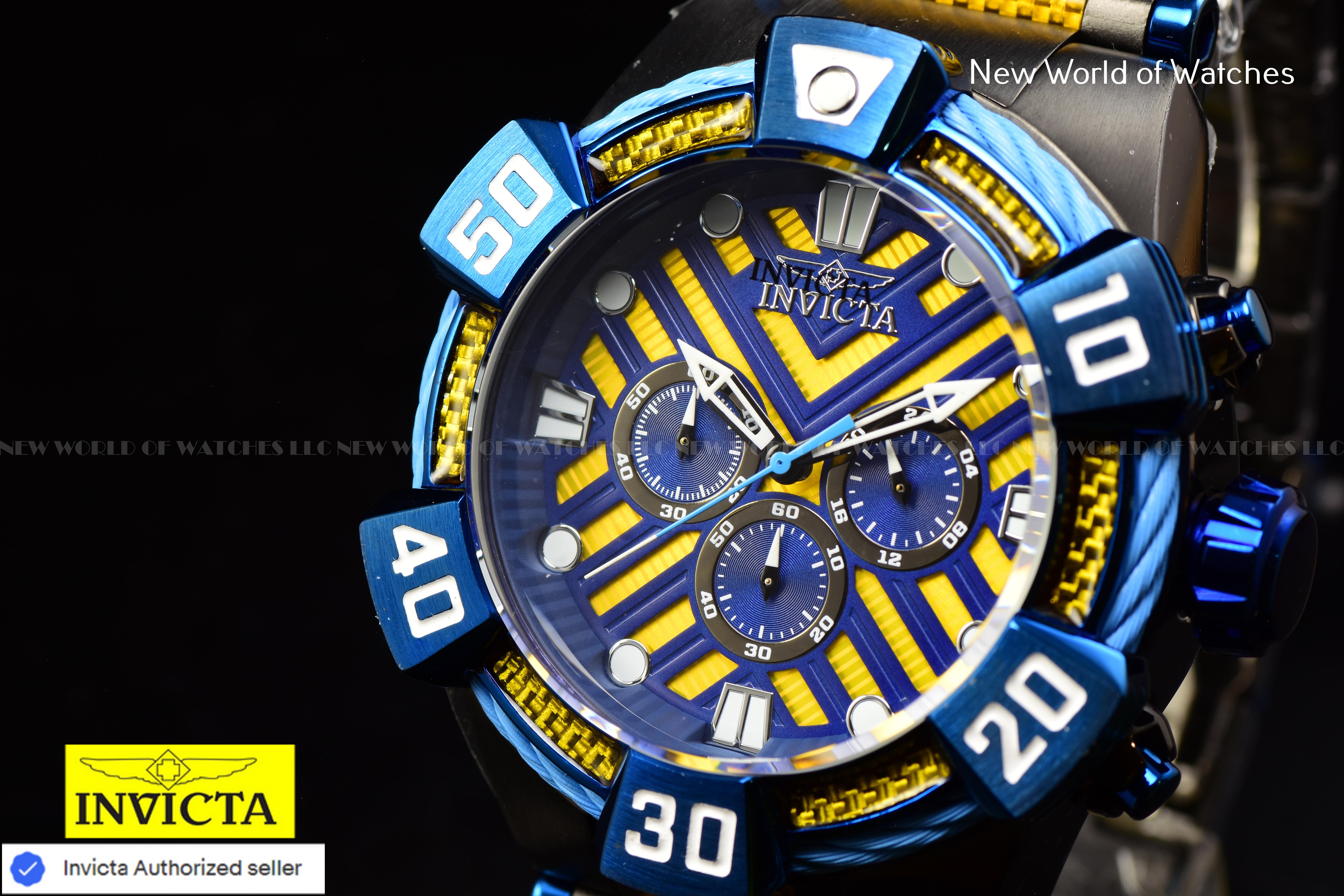 Invicta Men Bolt 52mm Yellow Blue Quartz Japan Glass Fiber Stainless Steel Watch