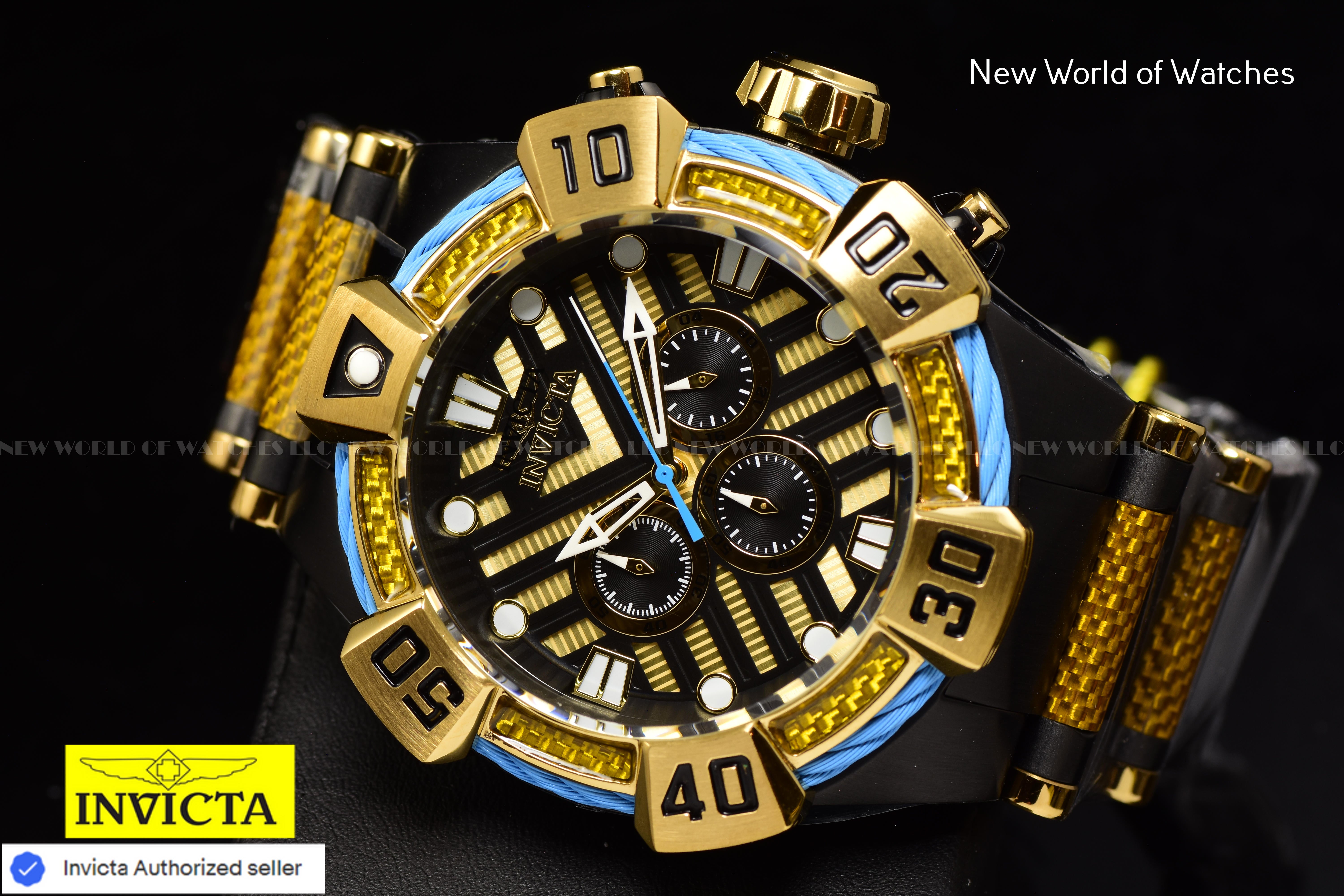 Invicta Men Bolt 52mm Gold Black Quartz Japan Glass Fiber Stainless Steel Watch