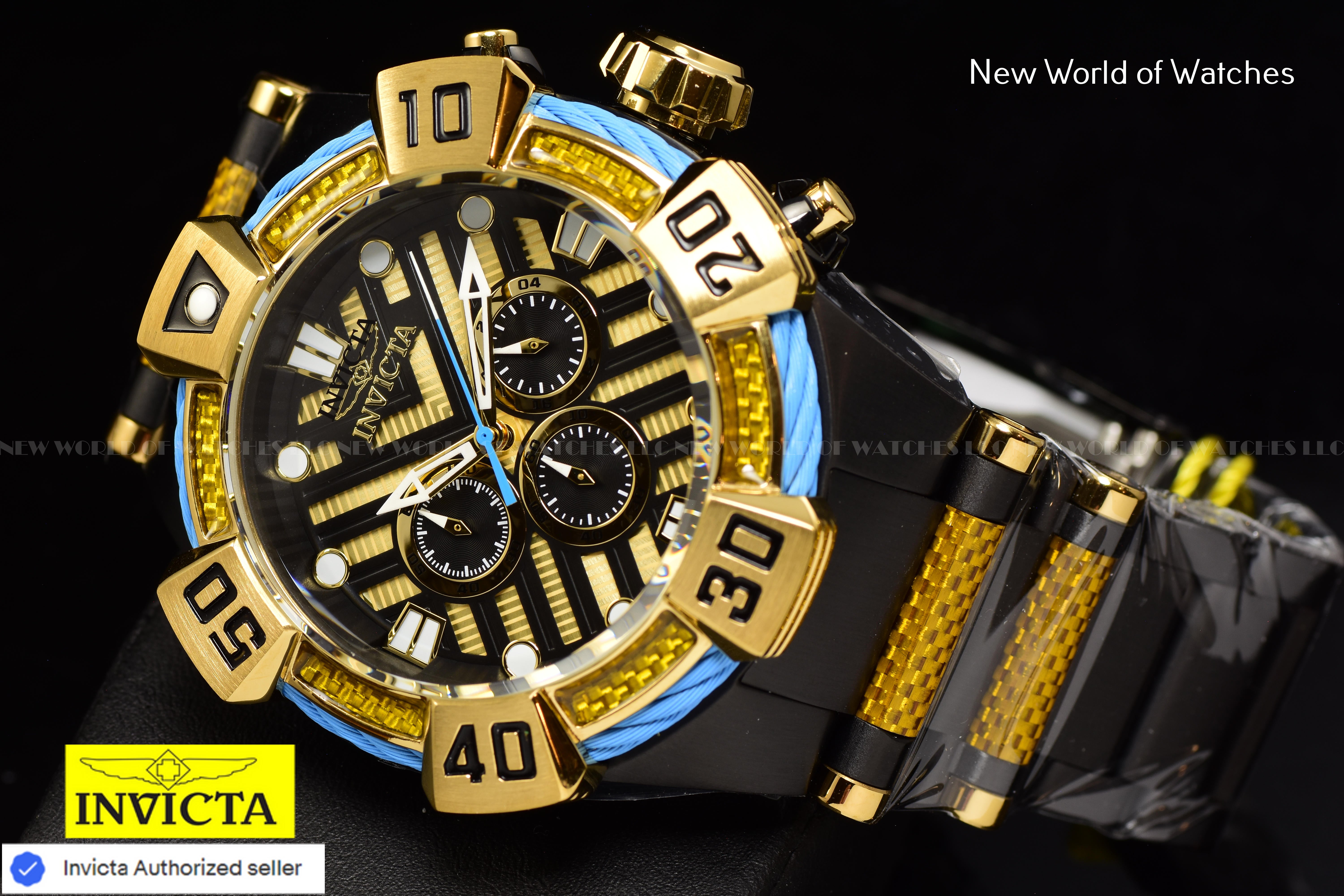Invicta Men Bolt 52mm Gold Black Quartz Japan Glass Fiber Stainless Steel Watch