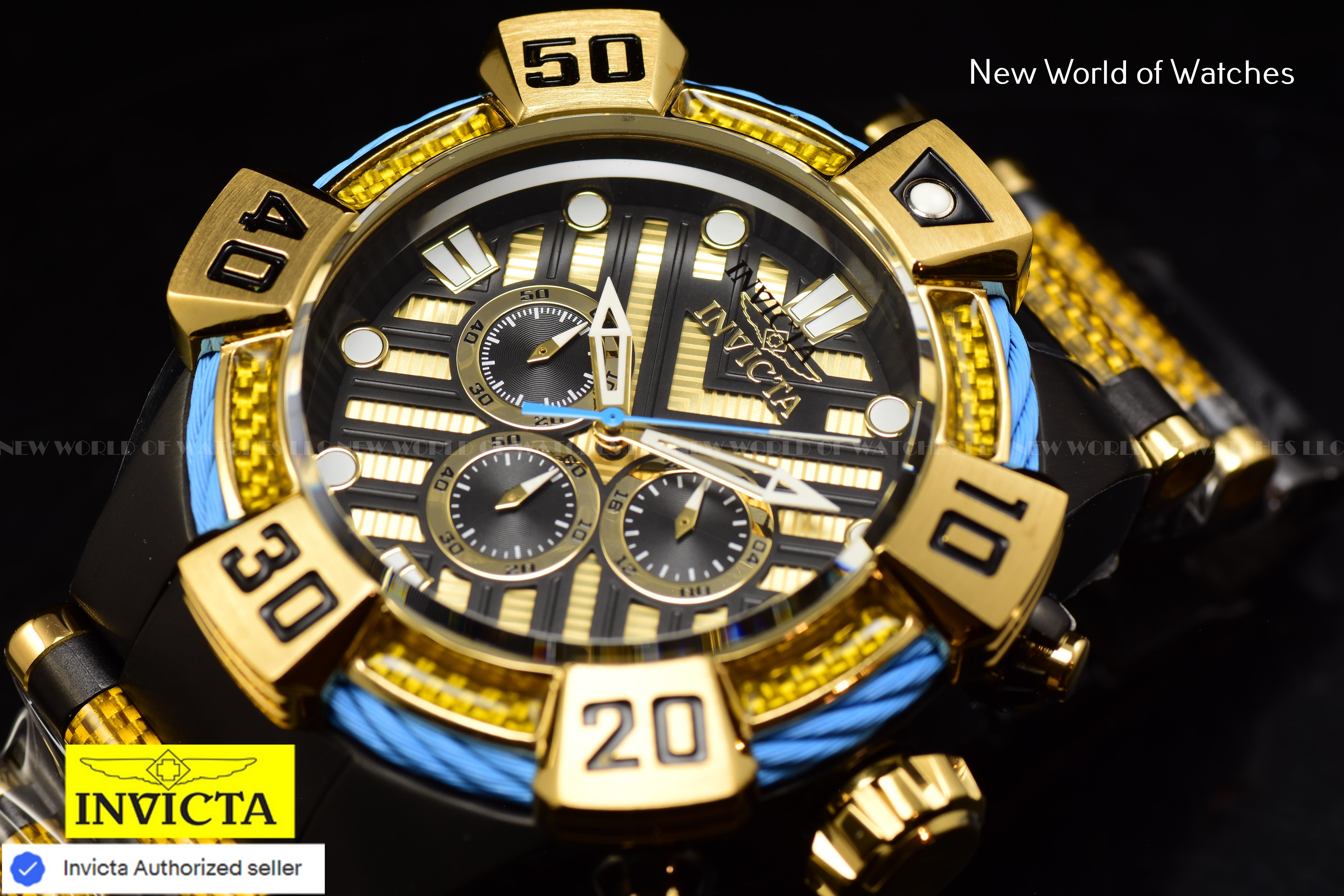 Invicta Men Bolt 52mm Gold Black Quartz Japan Glass Fiber Stainless Steel Watch