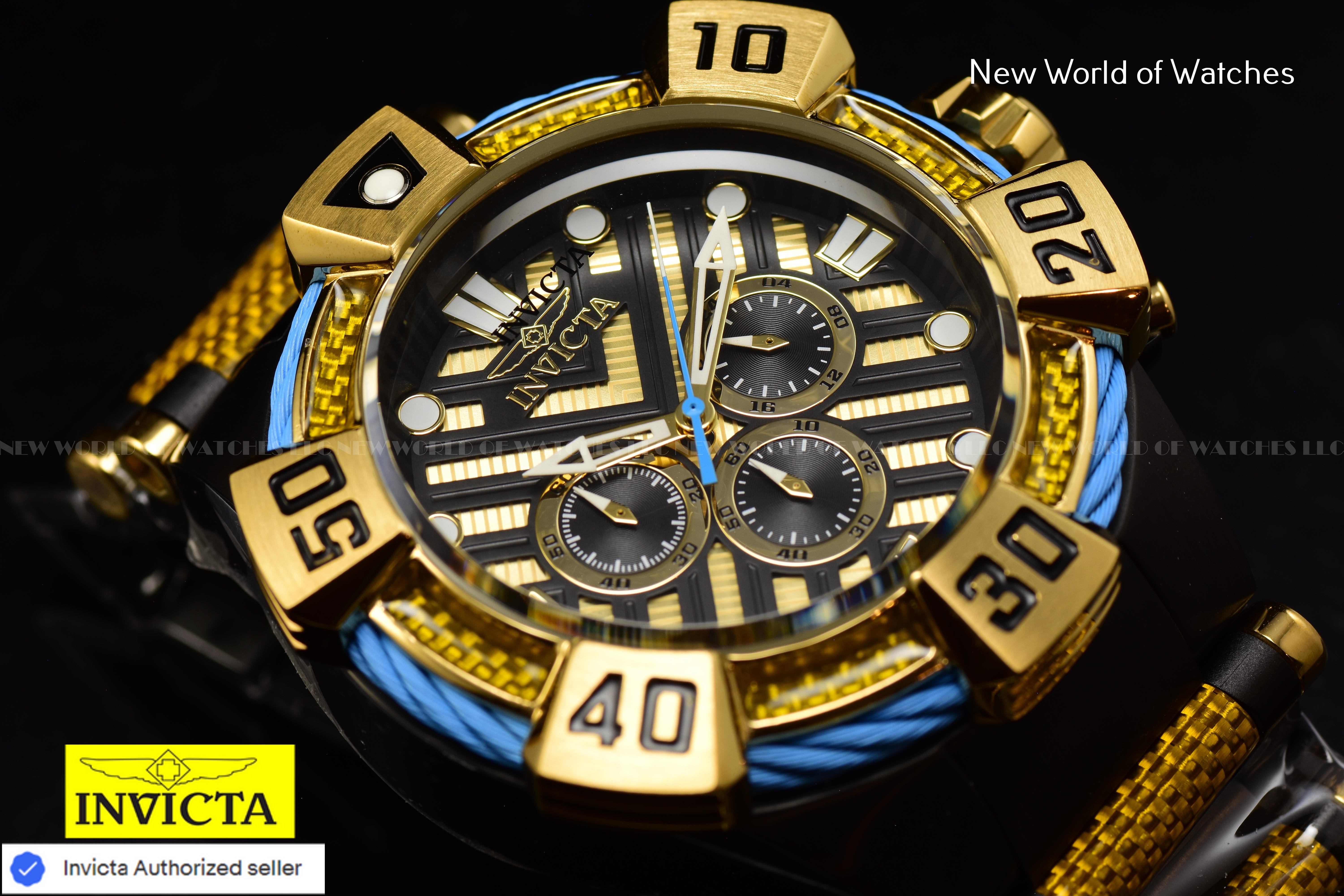 Invicta Men Bolt 52mm Gold Black Quartz Japan Glass Fiber Stainless Steel Watch