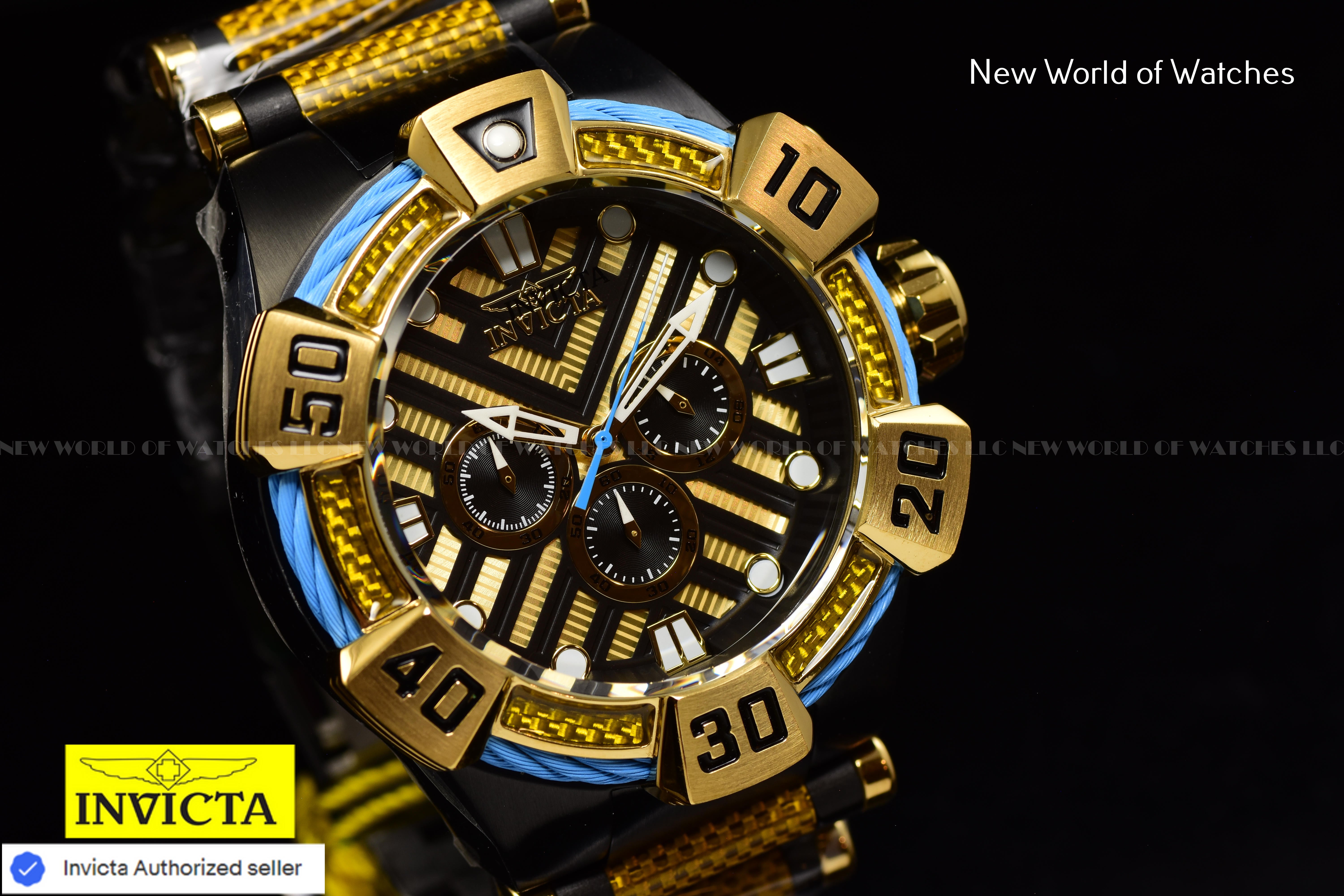 Invicta Men Bolt 52mm Gold Black Quartz Japan Glass Fiber Stainless Steel Watch