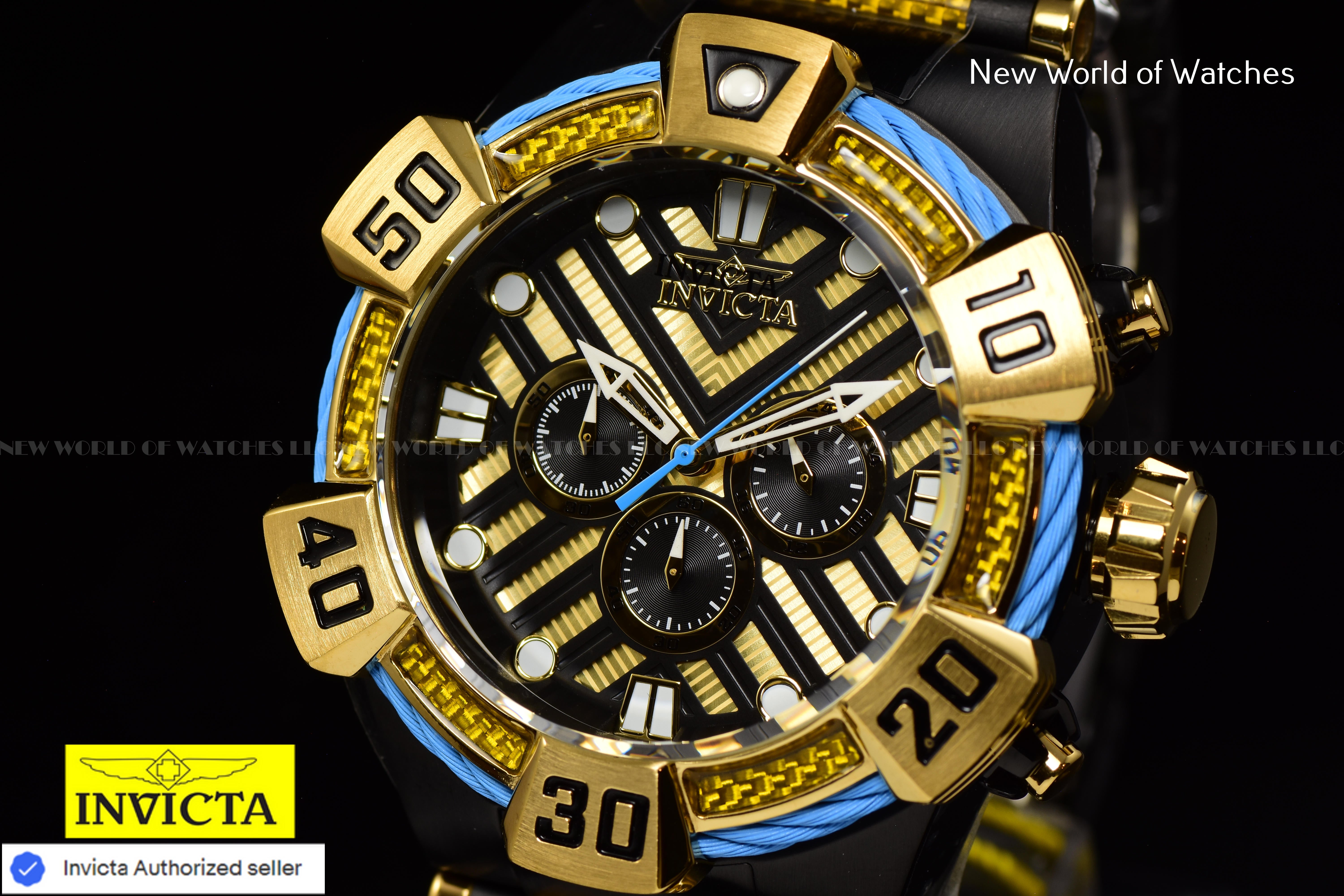 Invicta Men Bolt 52mm Gold Black Quartz Japan Glass Fiber Stainless Steel Watch