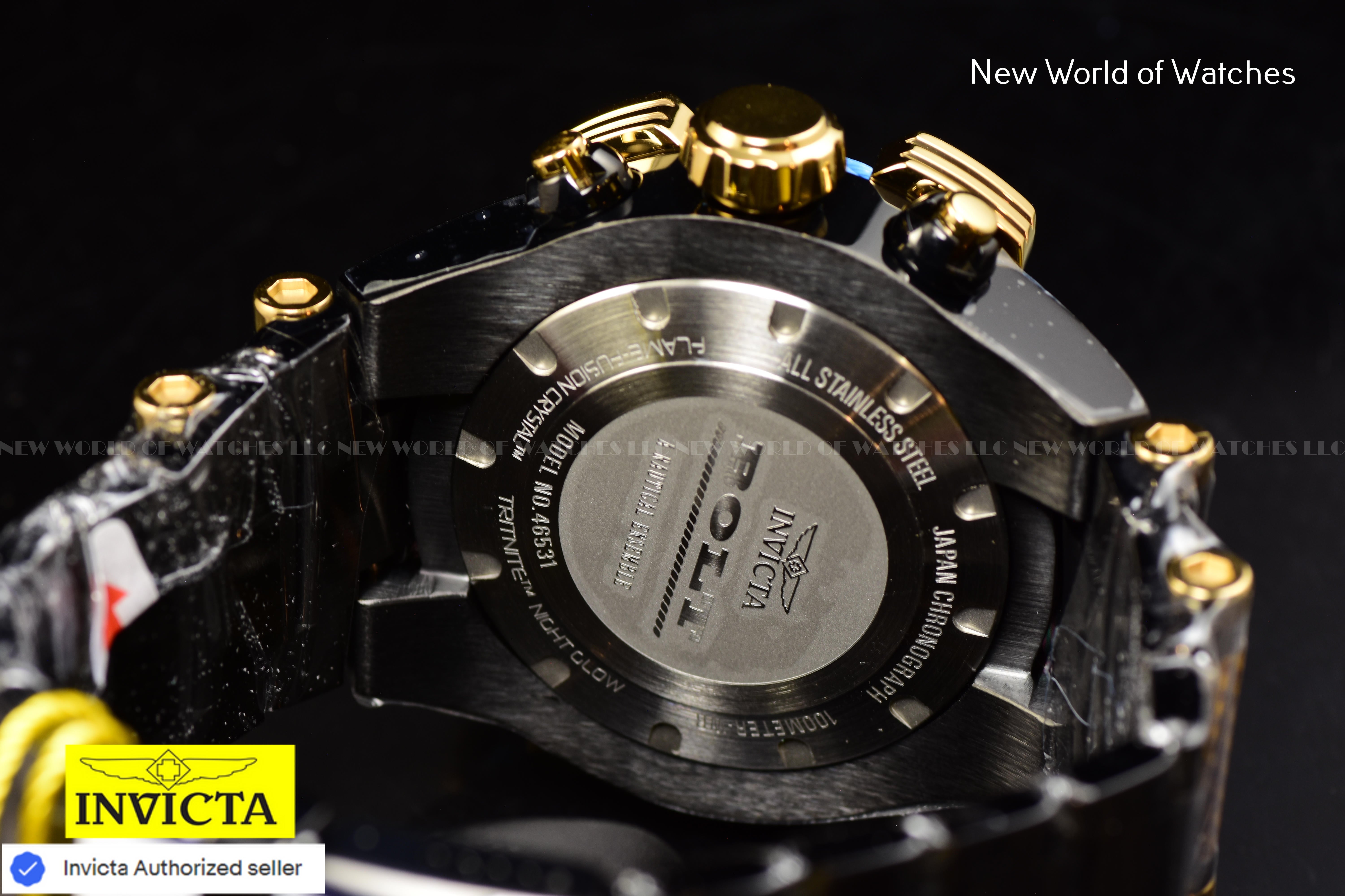 Invicta Men Bolt 52mm Gold Black Quartz Japan Glass Fiber Stainless Steel Watch