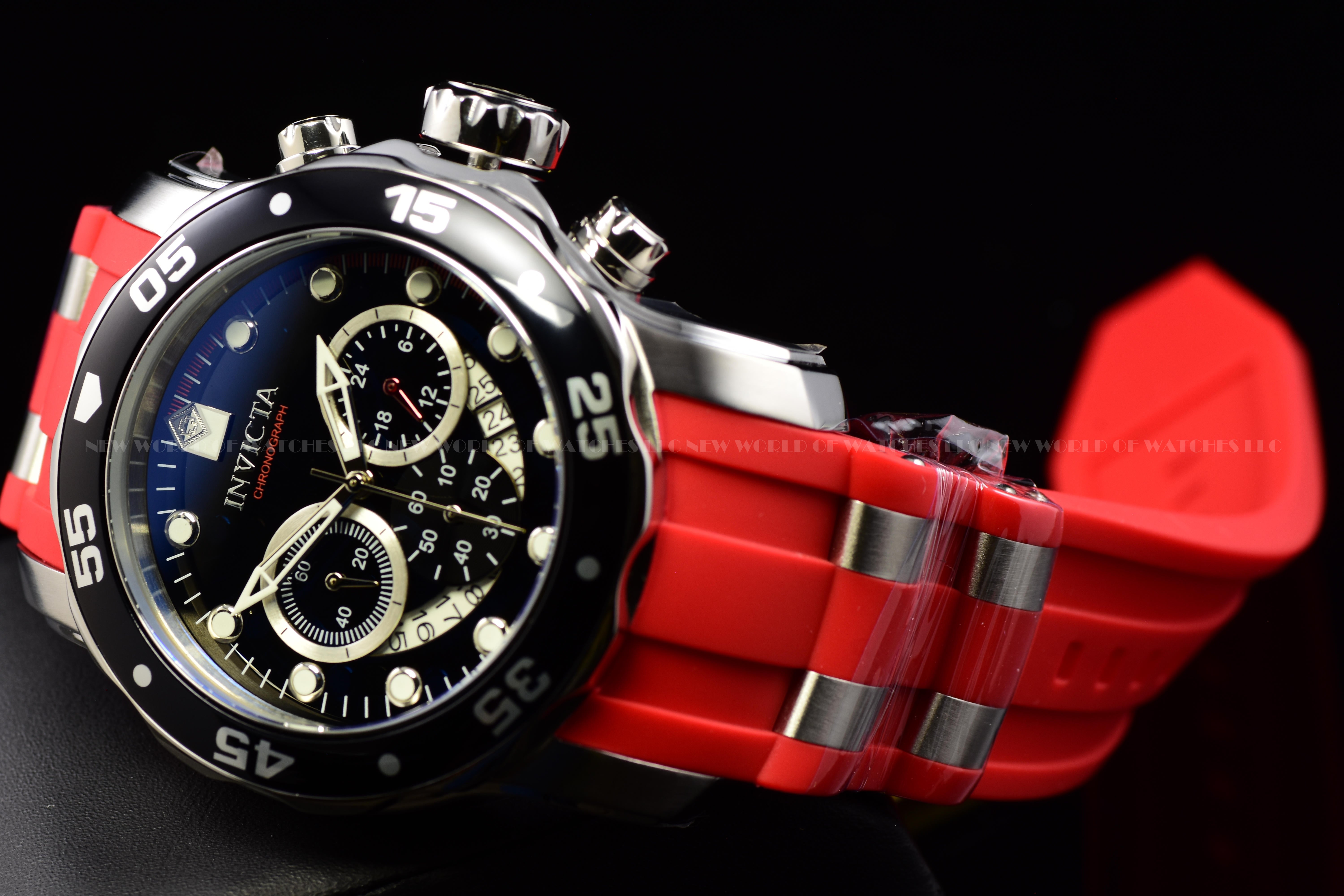 Invicta Men Pro Diver 48mm Red Silver Black Quartz Japan Silicone Stainless Steel Watch