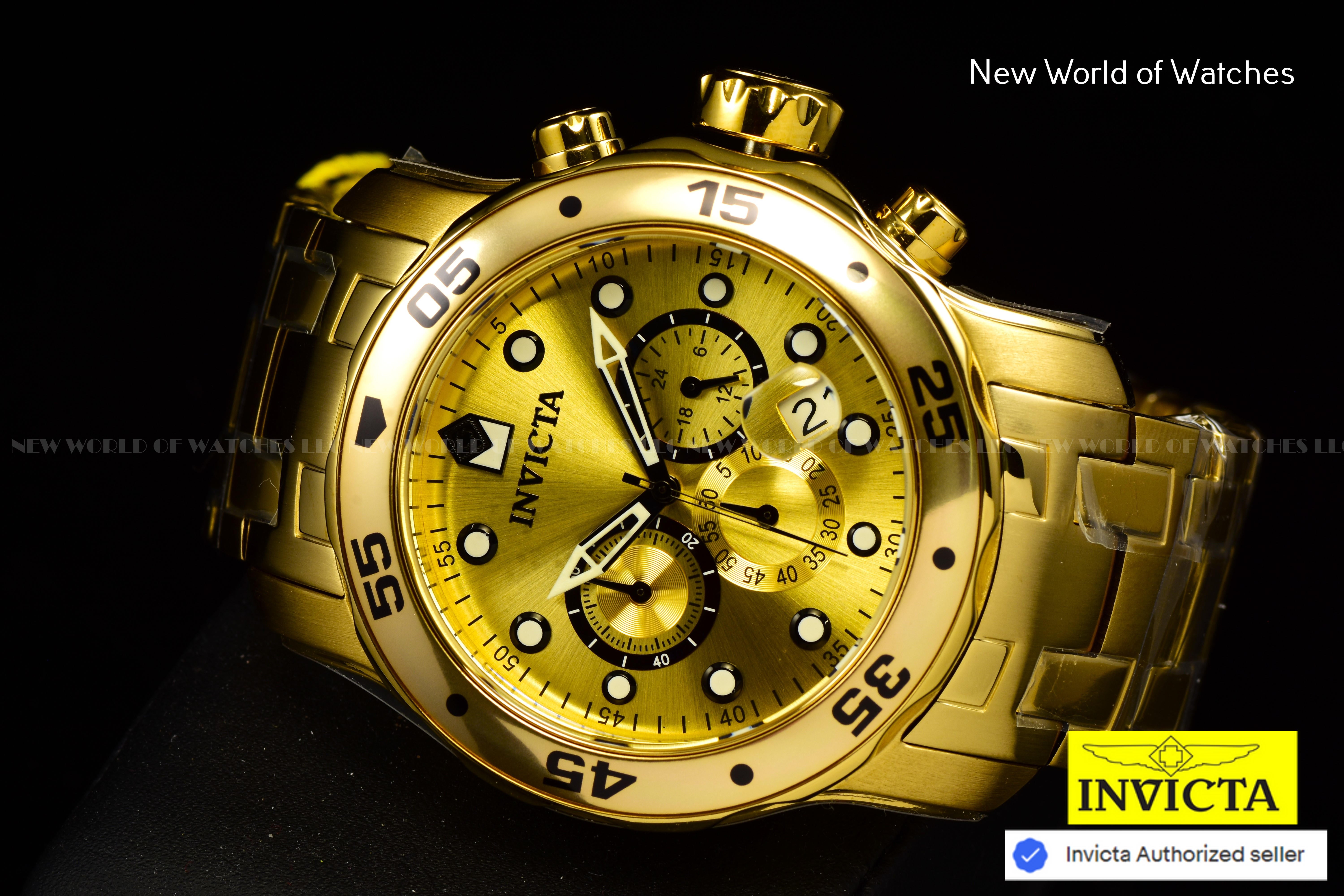 NEW Invicta 48mm Men's PRO DIVER Scuba Chronograph Gold Dial Gold Tone SS Watch