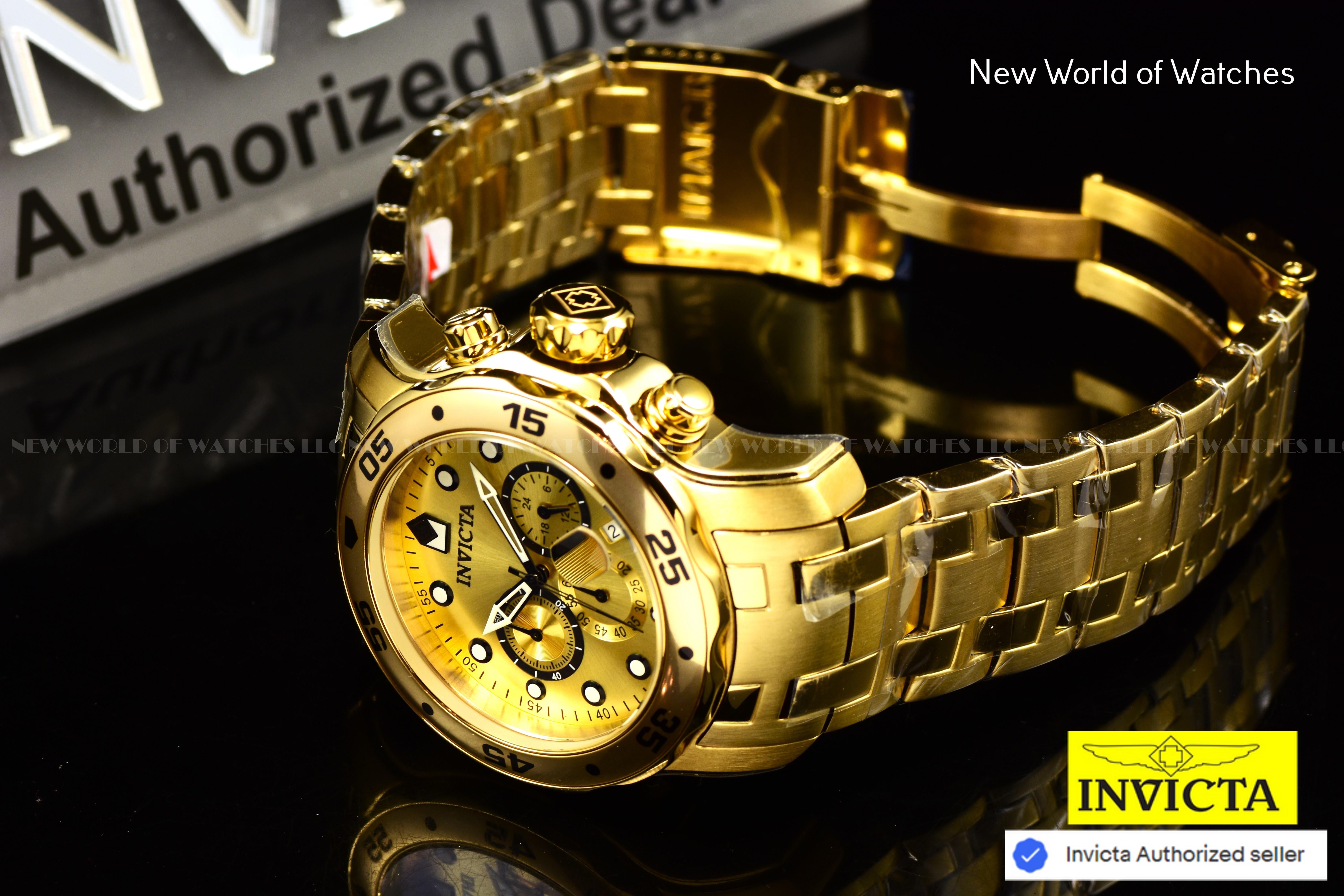 NEW Invicta 48mm Men's PRO DIVER Scuba Chronograph Gold Dial Gold Tone SS Watch