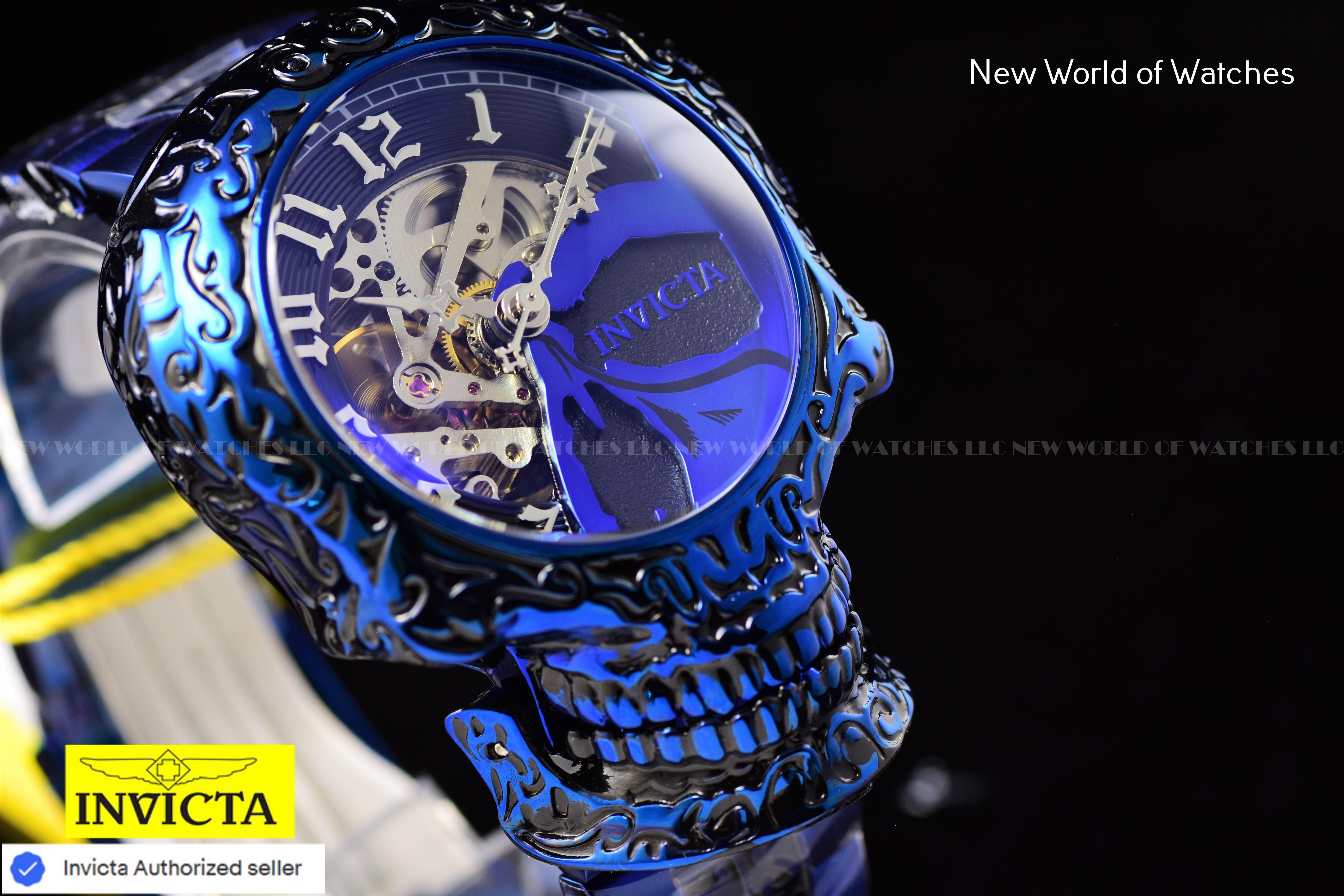 Invicta Artist Skull Automatic Skeletonized Dial Mens Blue Tone SS Watch 33968