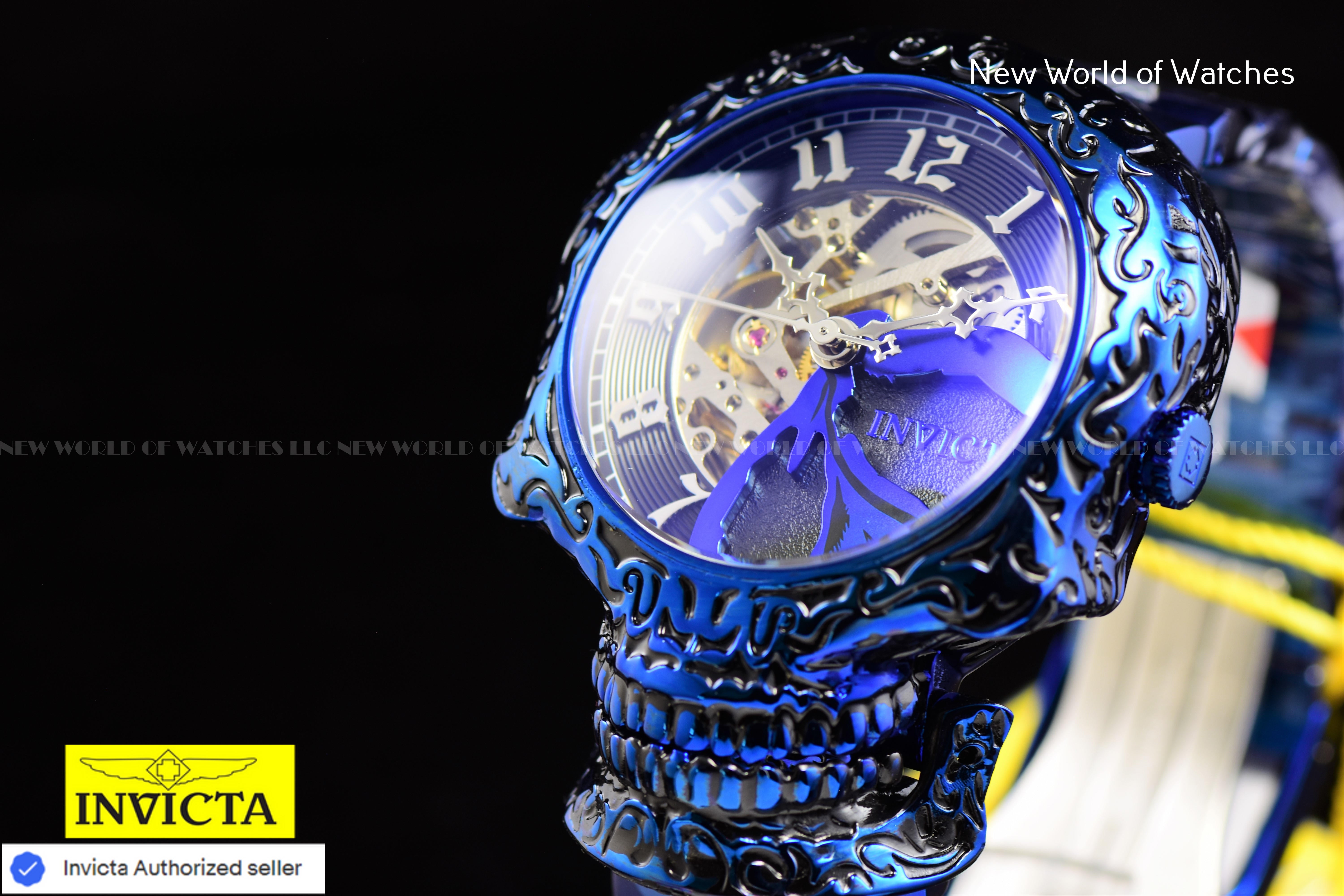Invicta Artist Skull Automatic Skeletonized Dial Mens Blue Tone SS Watch 33968