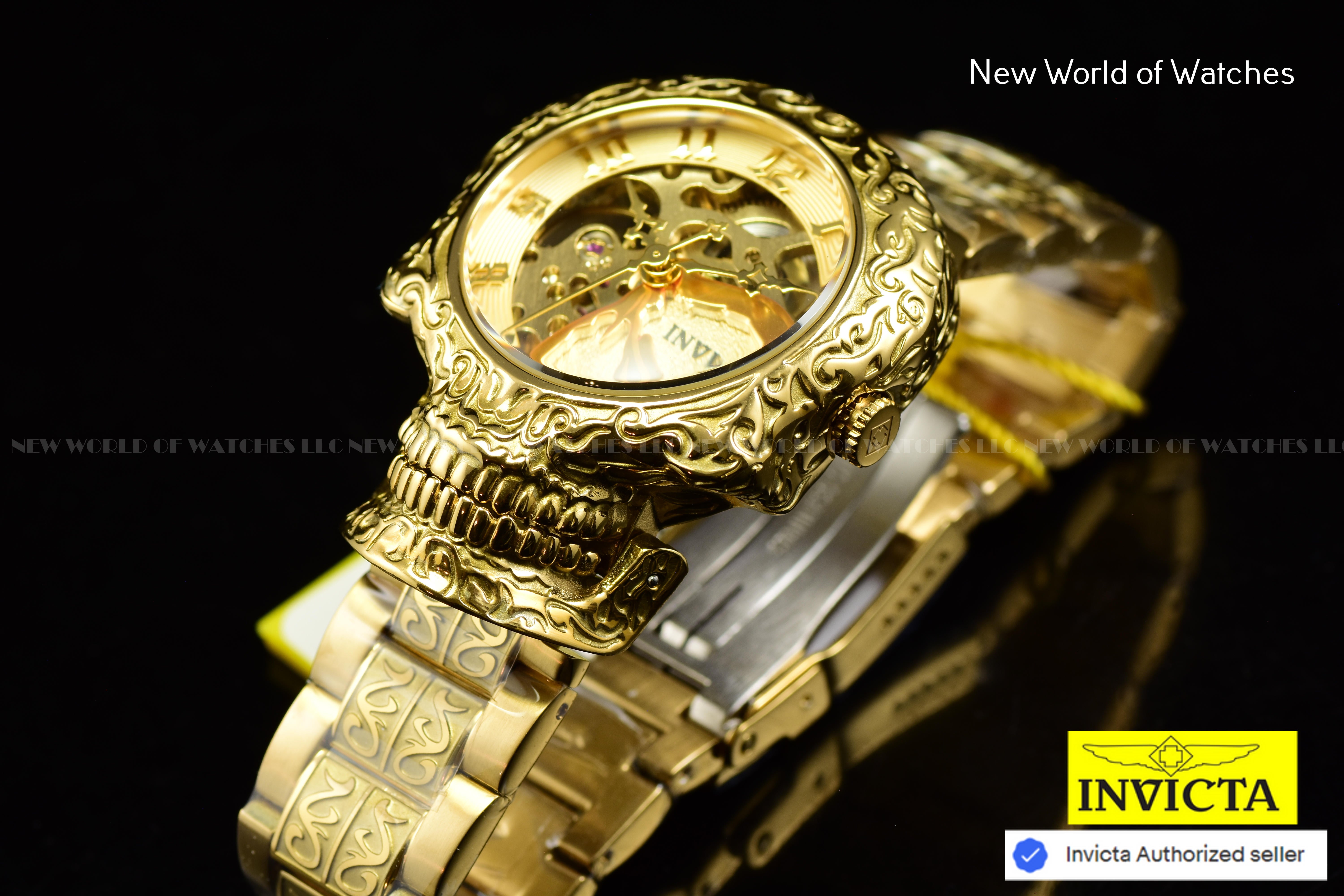 Rare Invicta Artist Skull Automatic Skeletonized Ladies Gold Watch 42773