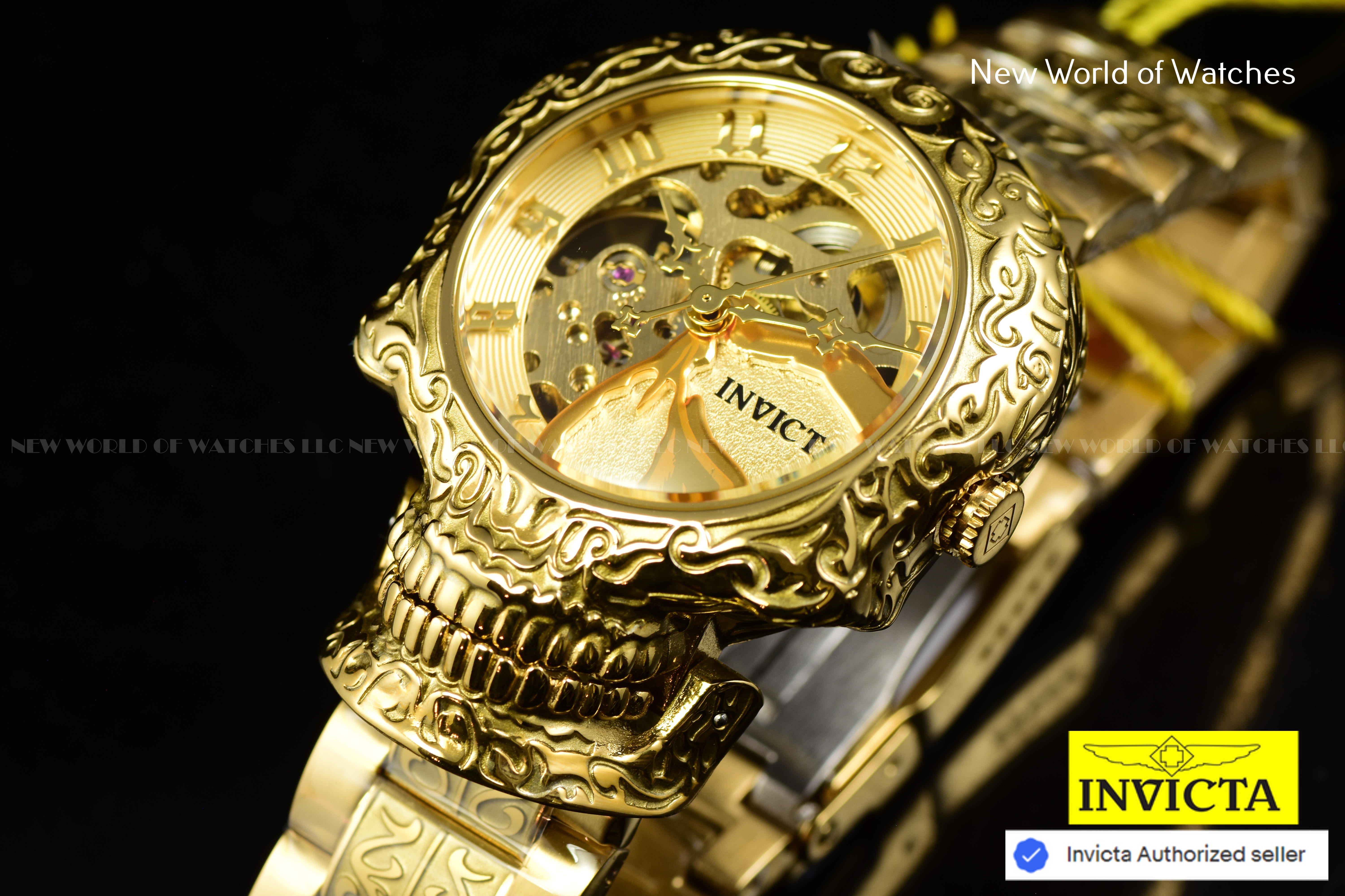 Rare Invicta Artist Skull Automatic Skeletonized Ladies Gold Watch 42773