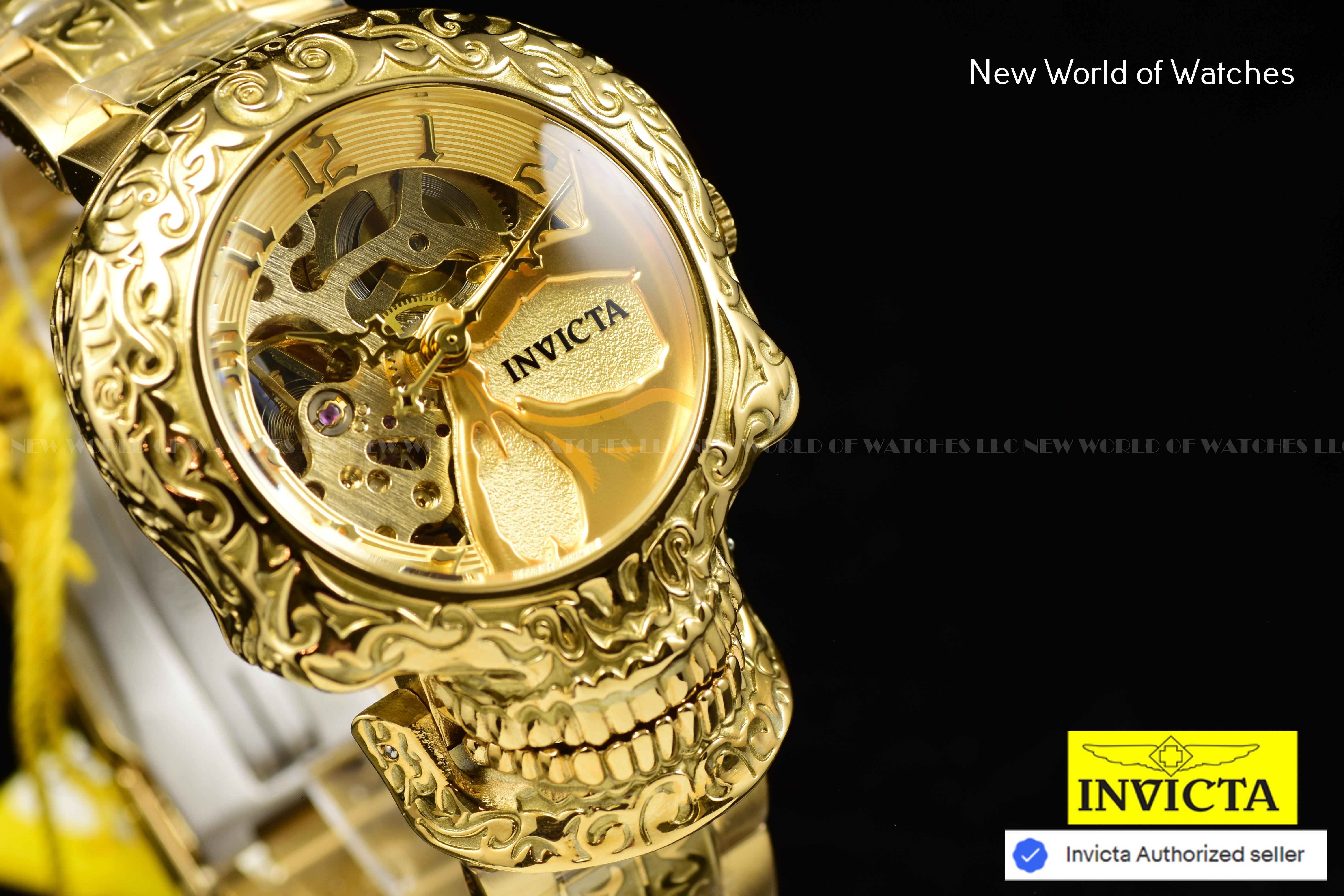Rare Invicta Artist Skull Automatic Skeletonized Ladies Gold Watch 42773